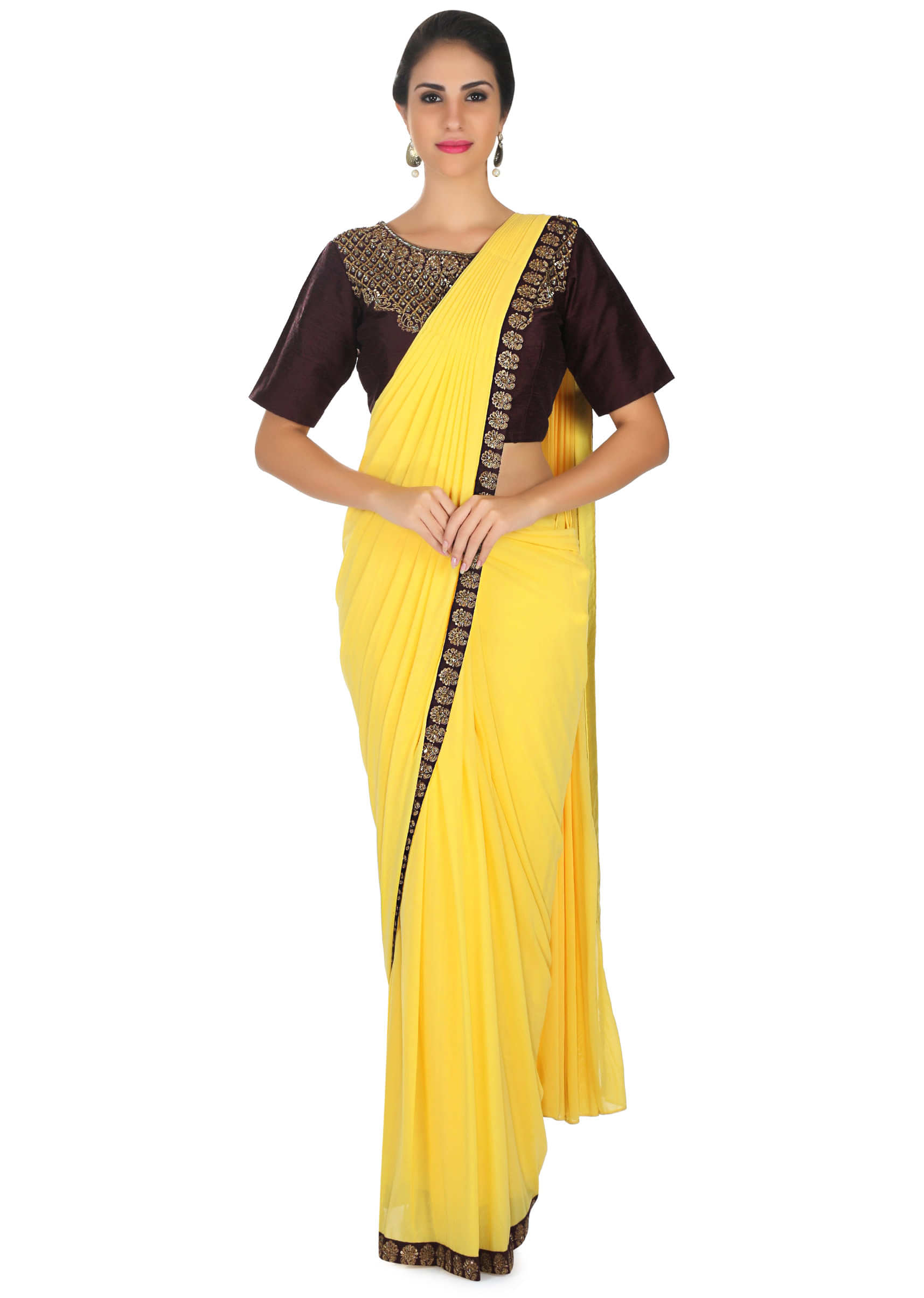 Bright Yellow Saree With Prestitched Pallu And Brown Embroidered Blouse Online - Kalki Fashion