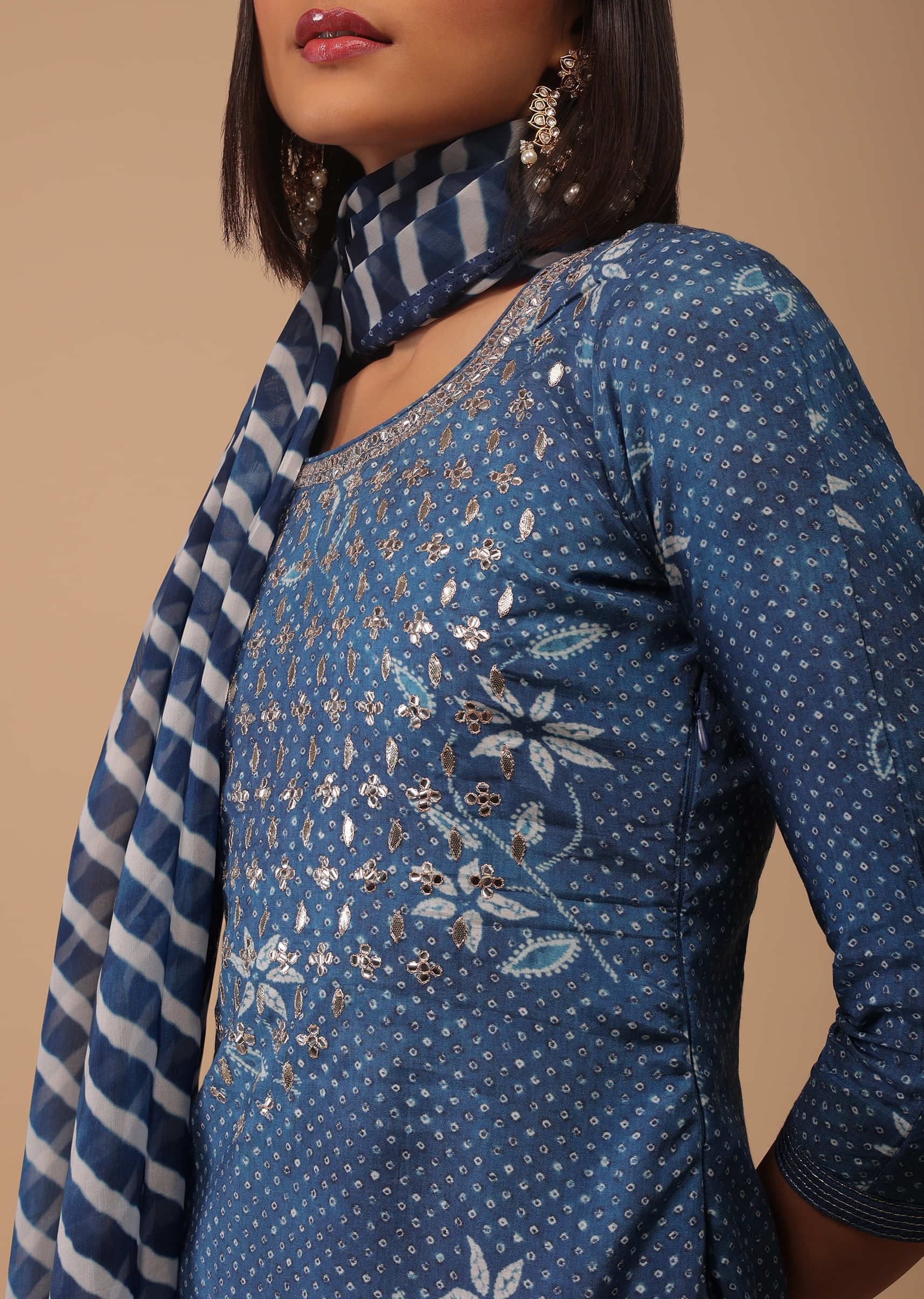 Buy Cobalt Blue Bandhani Printed Cotton Palazzo Suit With Embroidery