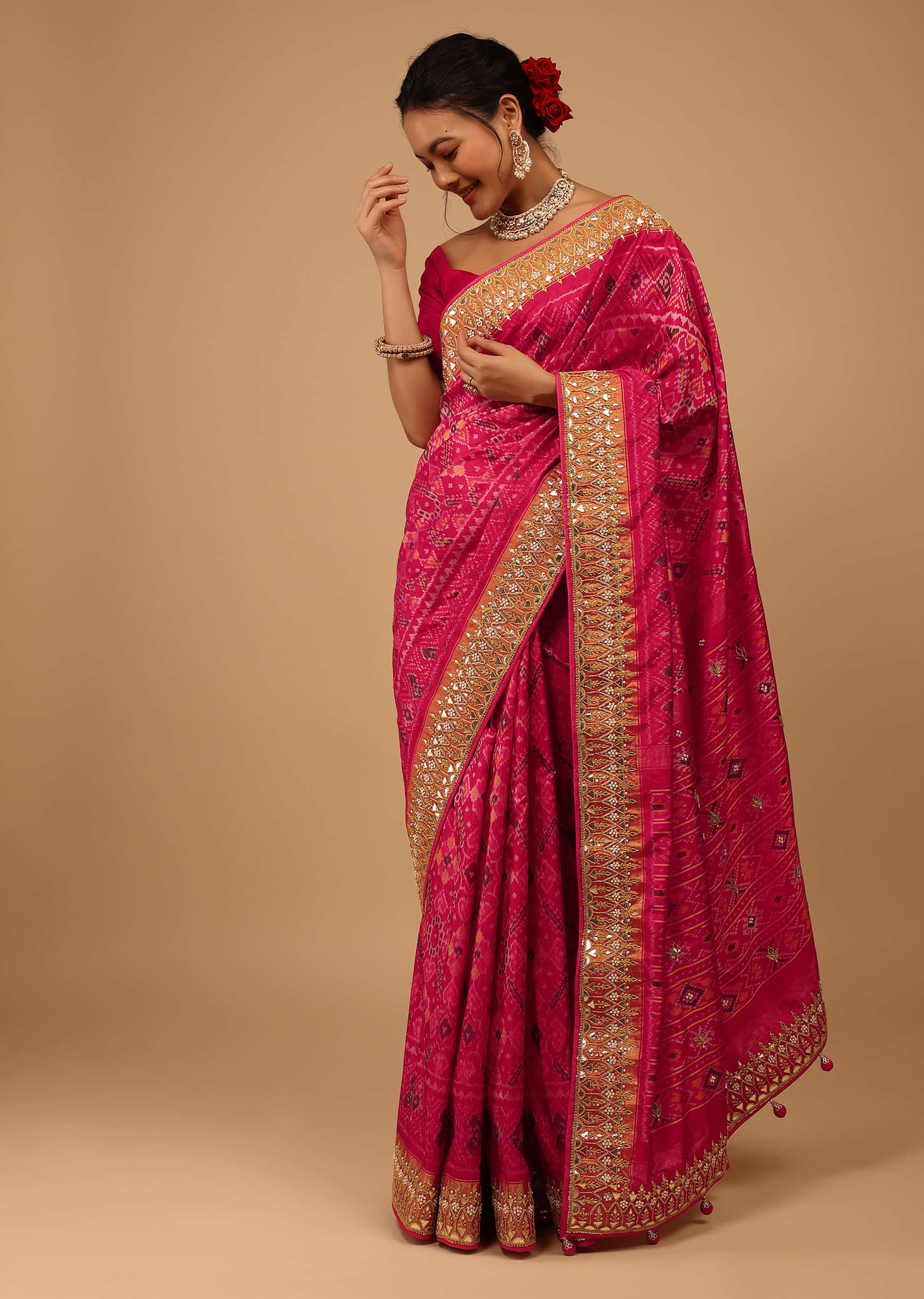 Bright Rose Pink Saree In Pure Silk With Handloom Patola Ikat Weave