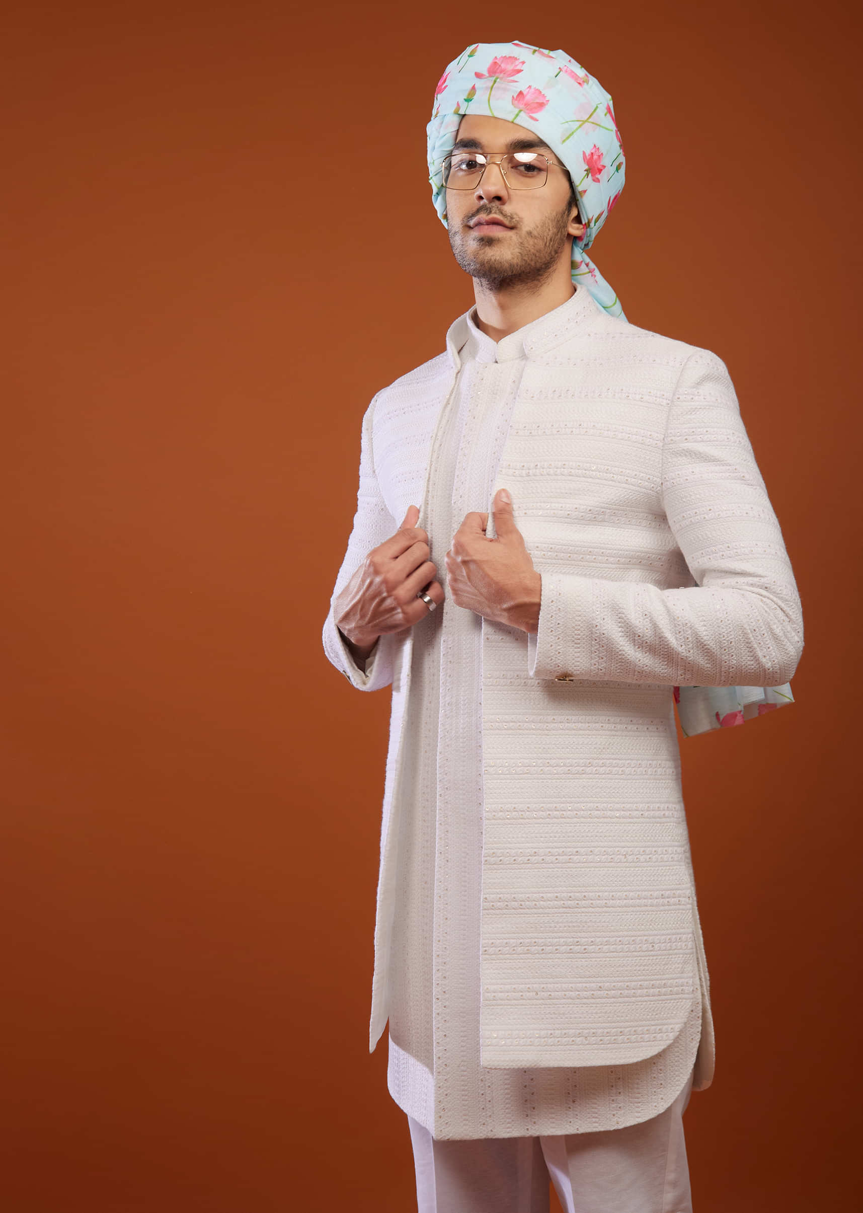 Bright White Embroidered Sherwani Set In Suiting Fabric