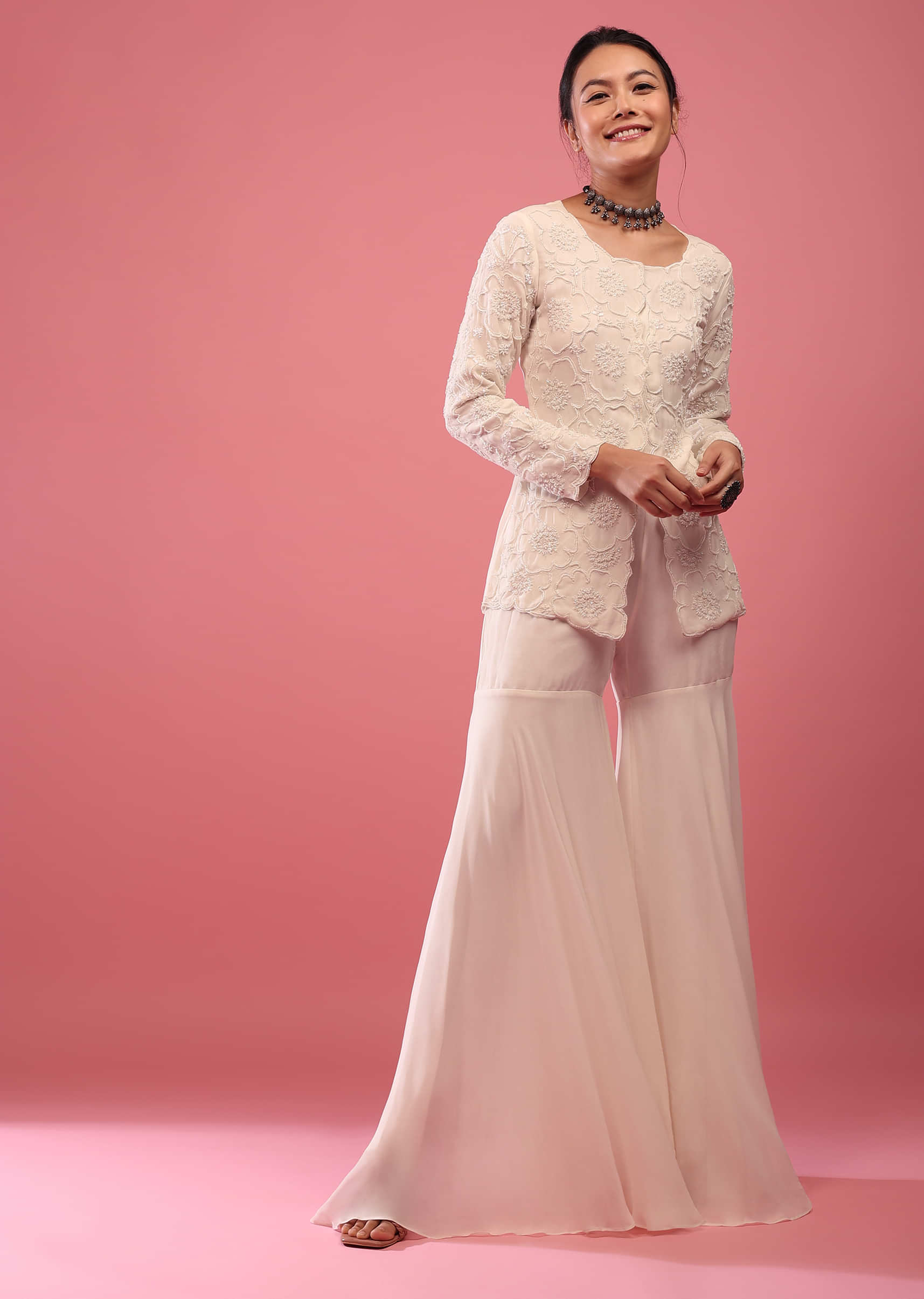 Bright White Sharara Suit In Georgette With Fully Embroidered Top & Flowy Pants