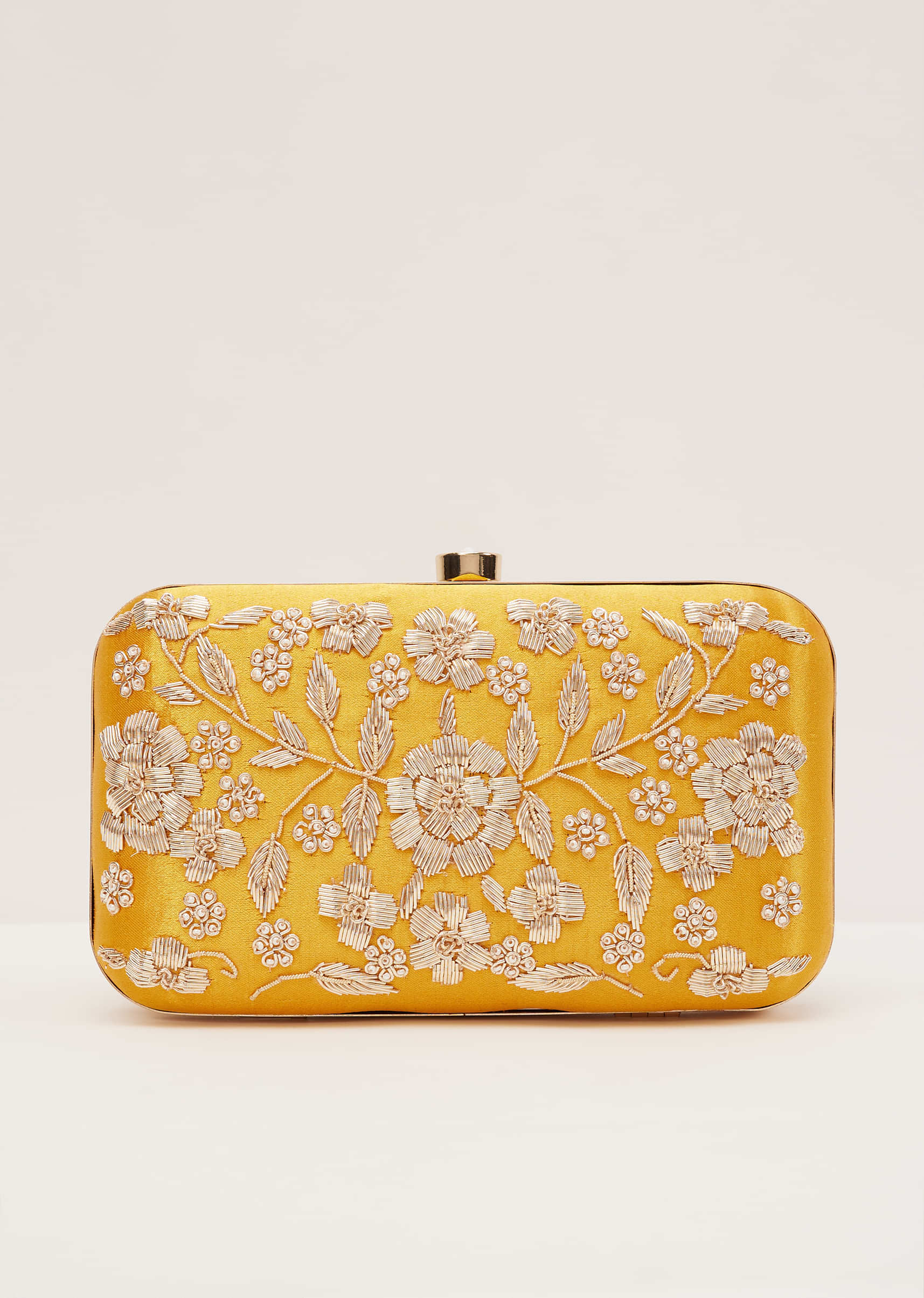 Marigold Yellow Floral Clutch On Silk Fabric