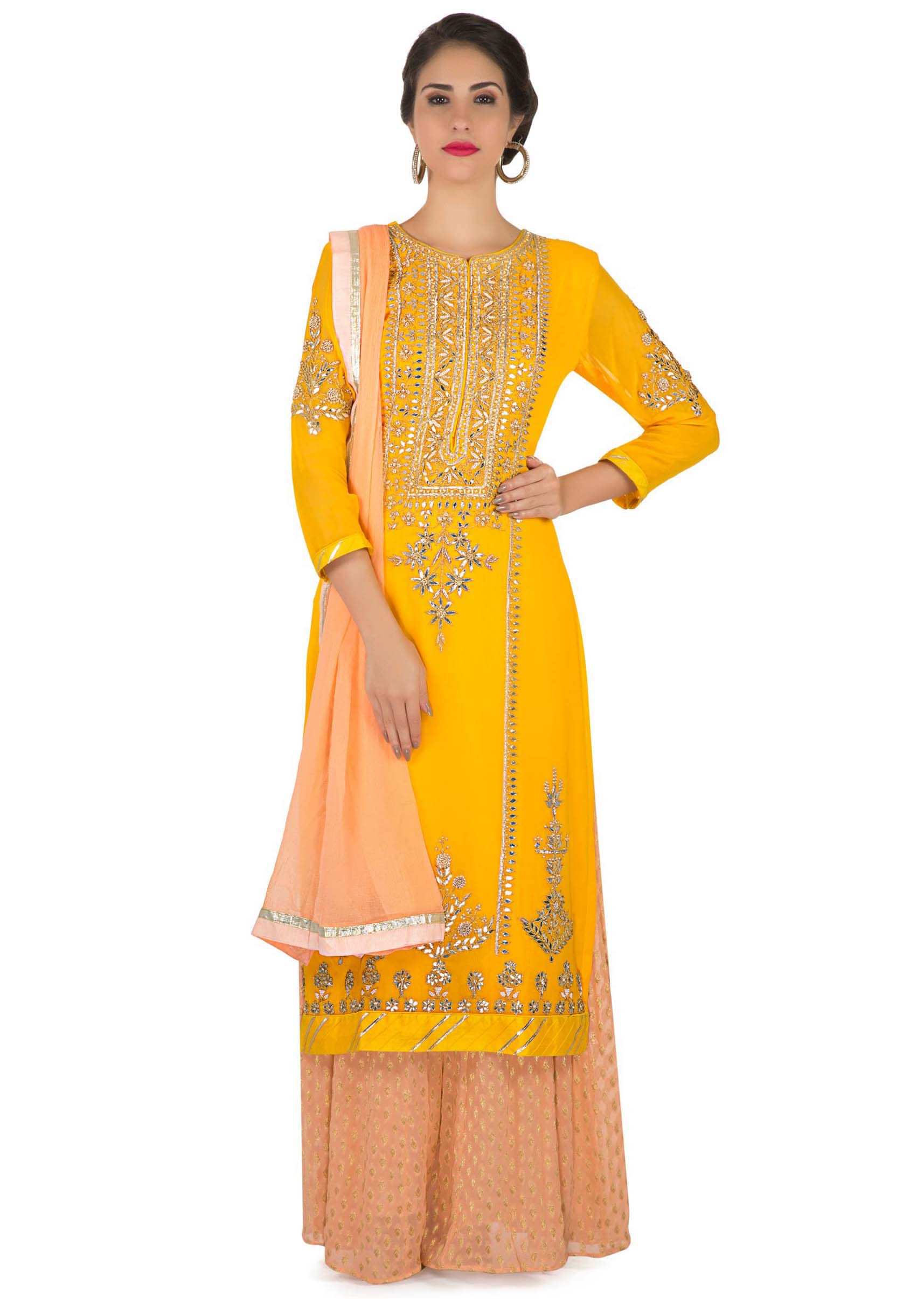 Bright yellow straight palazzo suit in gotta lace and patch embroidery only on Kalki