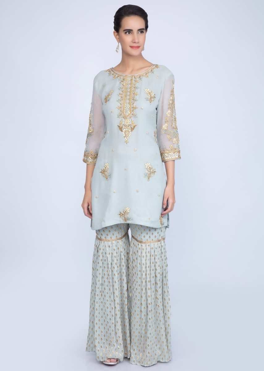 Brittany Blue Suit In Embroidered Georgette With Weaved Sharara And Chiffon Dupatta Online - Kalki Fashion