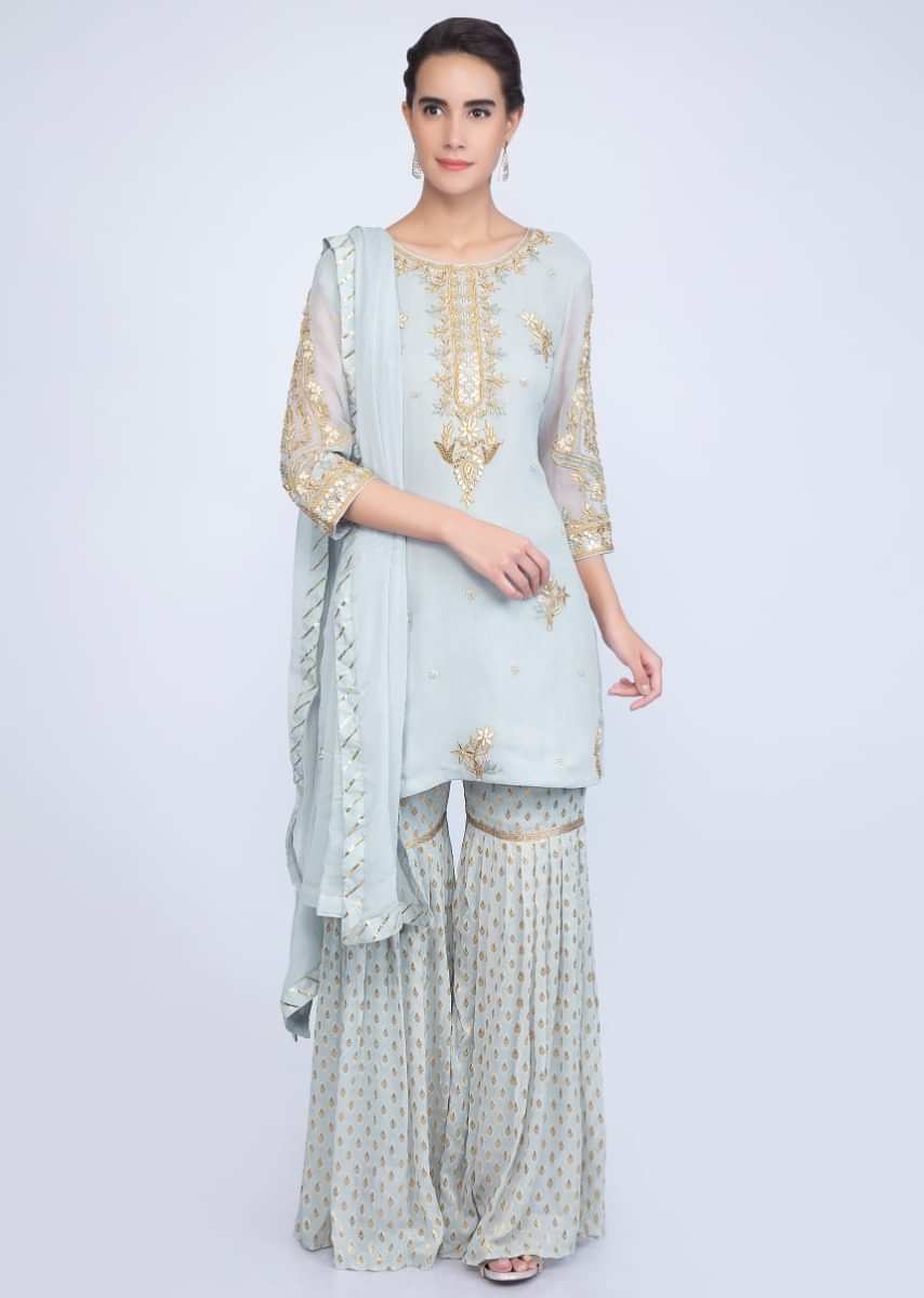 Brittany Blue Suit In Embroidered Georgette With Weaved Sharara And Chiffon Dupatta Online - Kalki Fashion