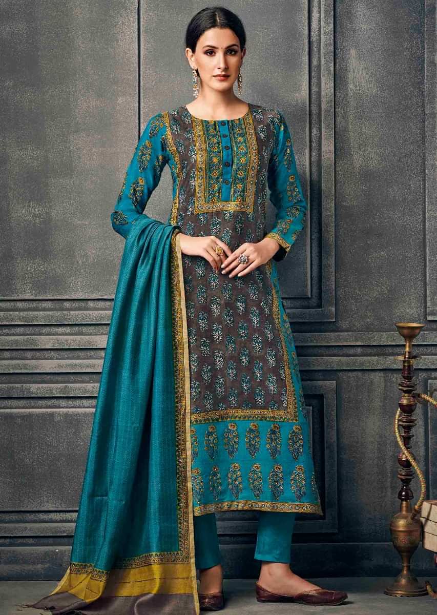 Brown And Turq Blue Suit In Silk With Floral Printed Butti And Border Online - Kalki Fashion