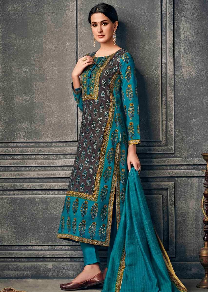 Brown And Turq Blue Suit In Silk With Floral Printed Butti And Border Online - Kalki Fashion
