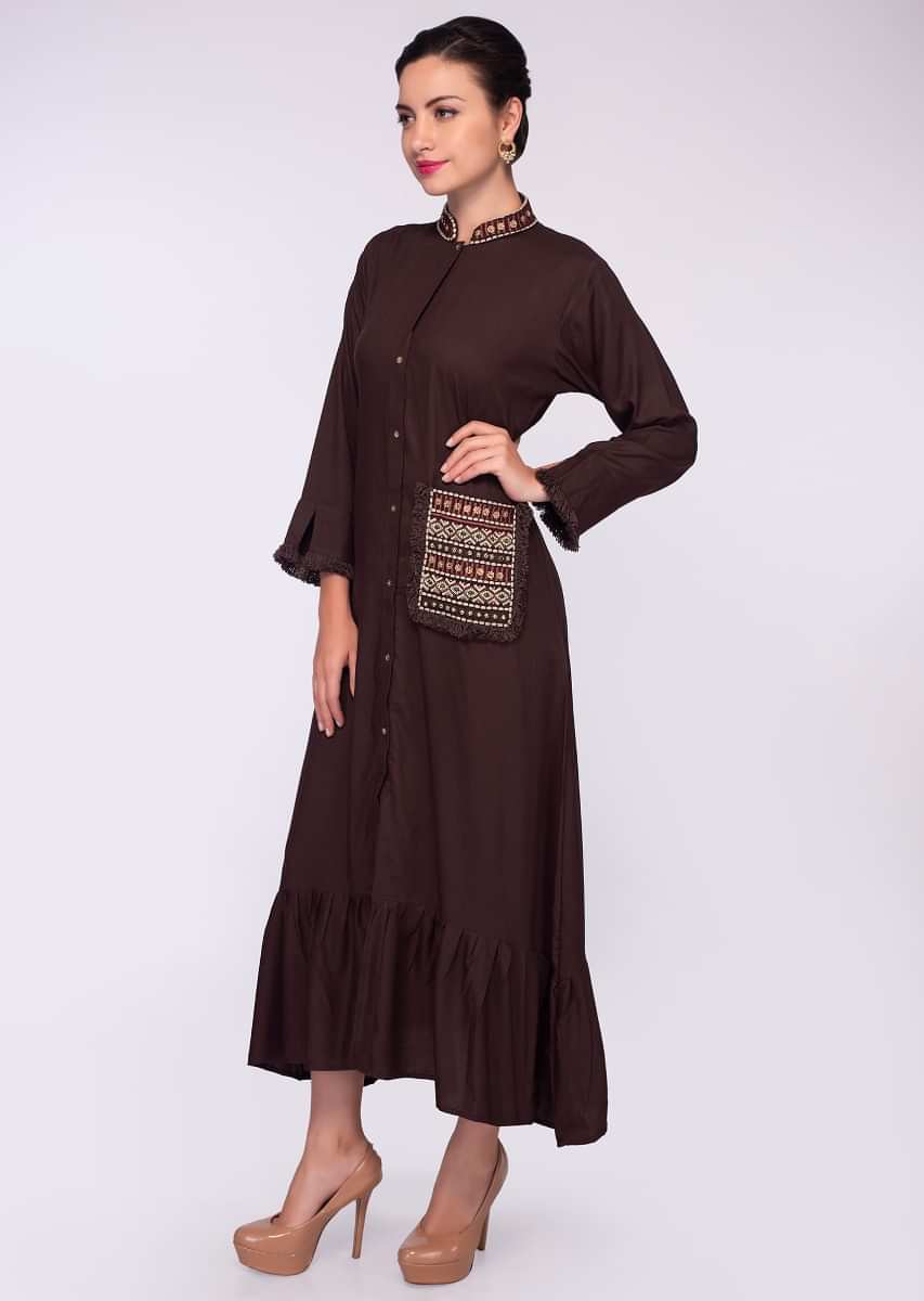 Brown cotton tunic with embroidered collar and  pocket only on Kalki