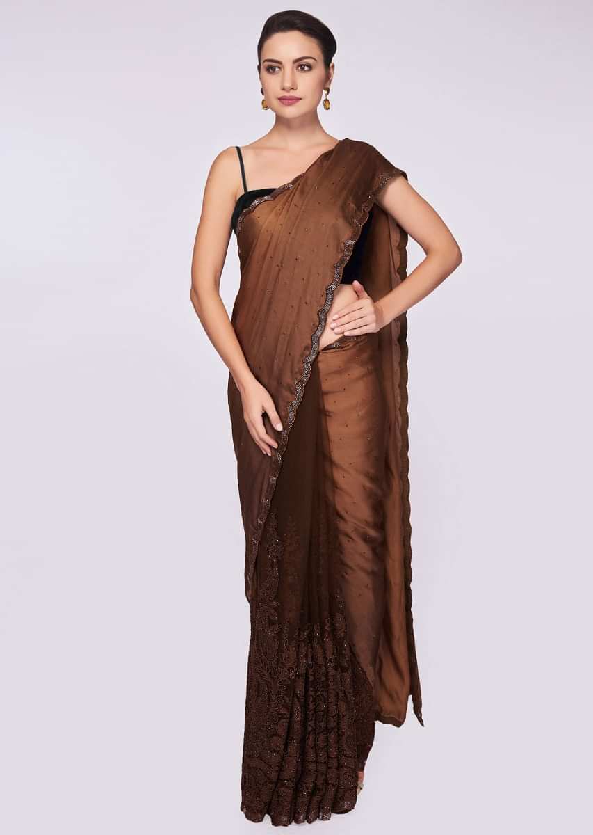 Brown shaded half and half saree in net and satin in chord and kundan embroidery 