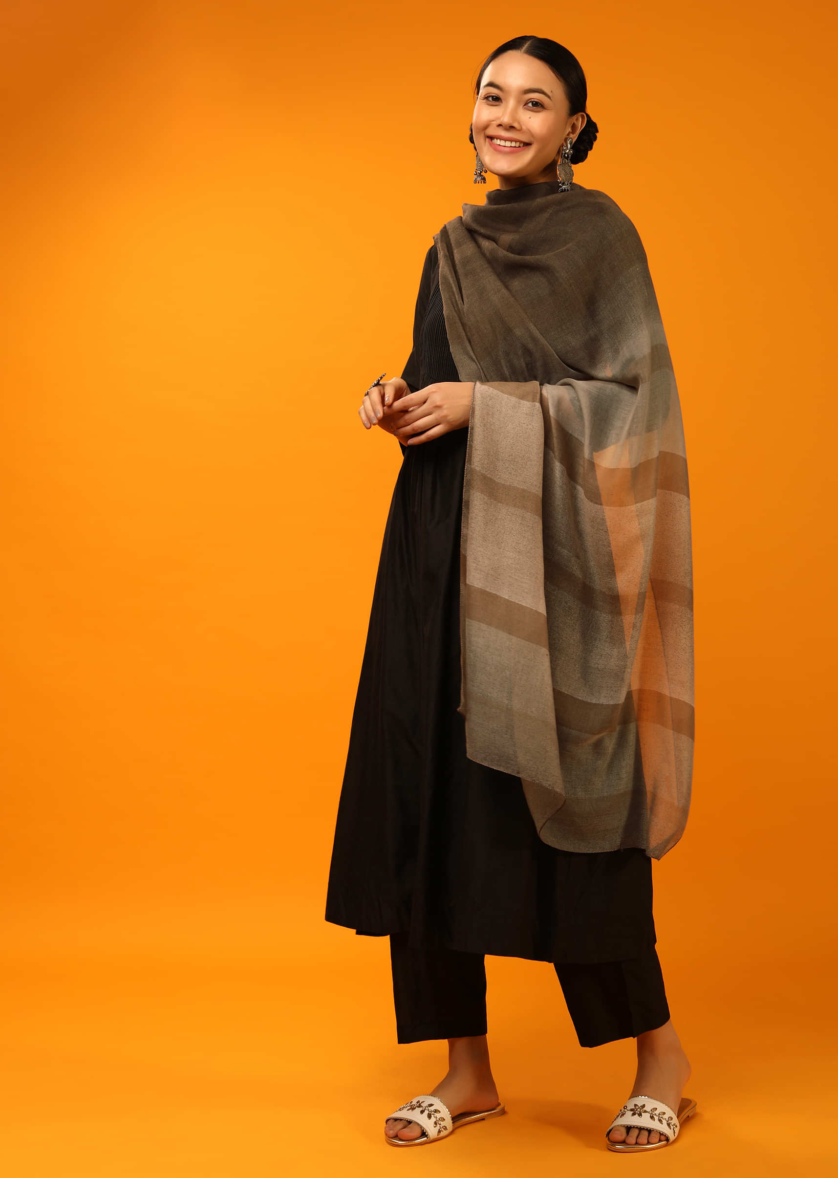 Brown And Beige Shaded Scarf In Cotton Blend With Striped Print Online - Kalki Fashion
