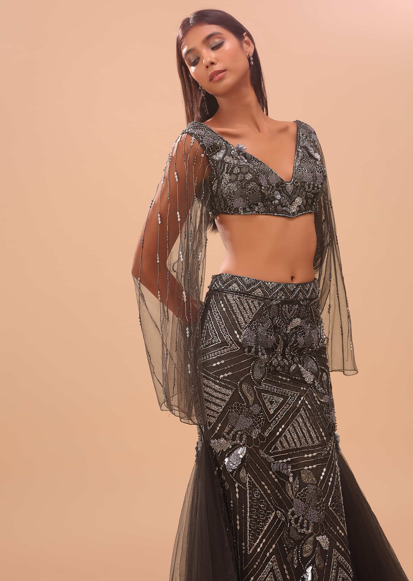 Dark Brown Embroidered Lehenga With Fish Cut And Net Feather Scarf