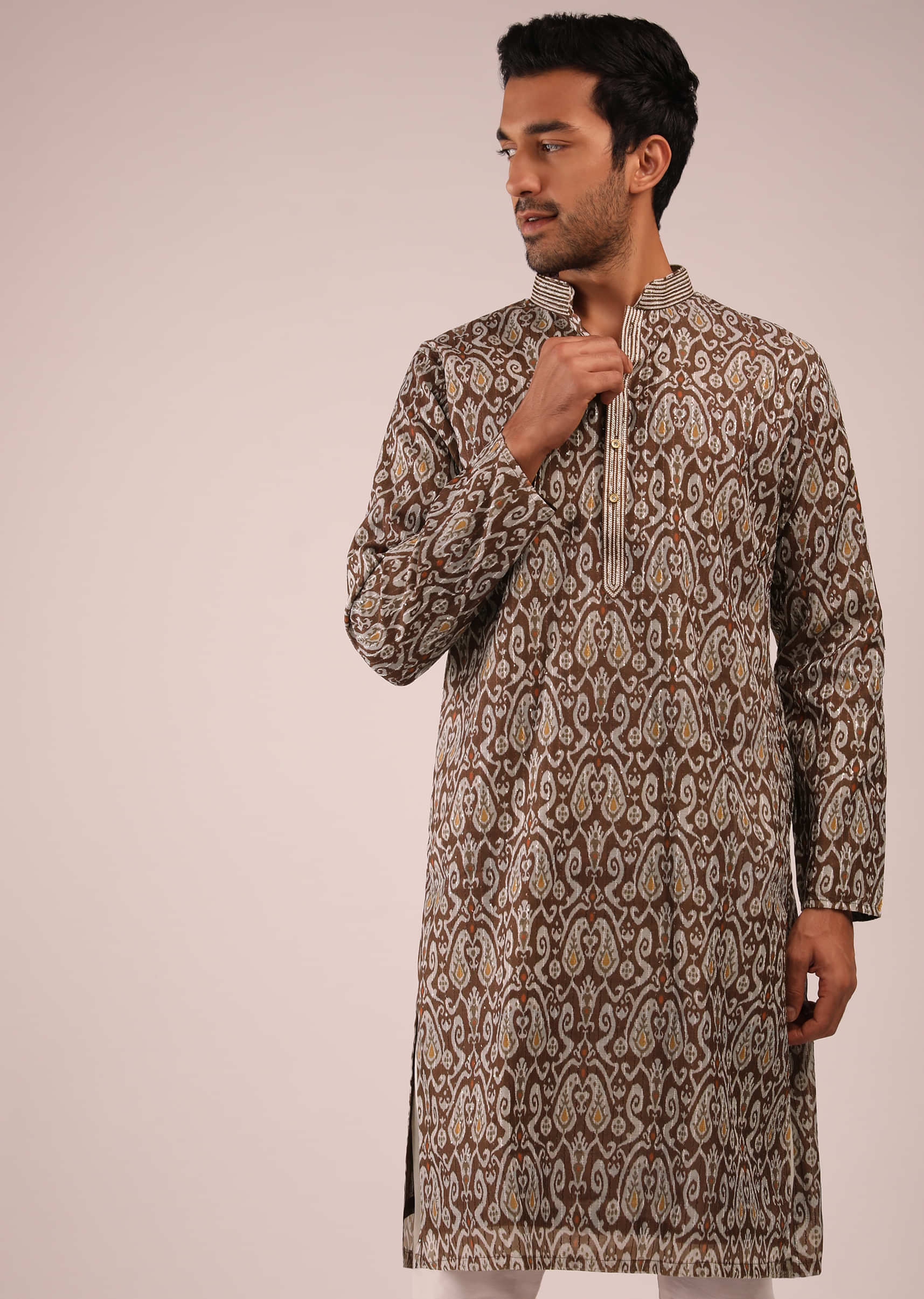 Brown Kurta Set In Silk With Resist Dyed Jaal Print And Sequin Accents
