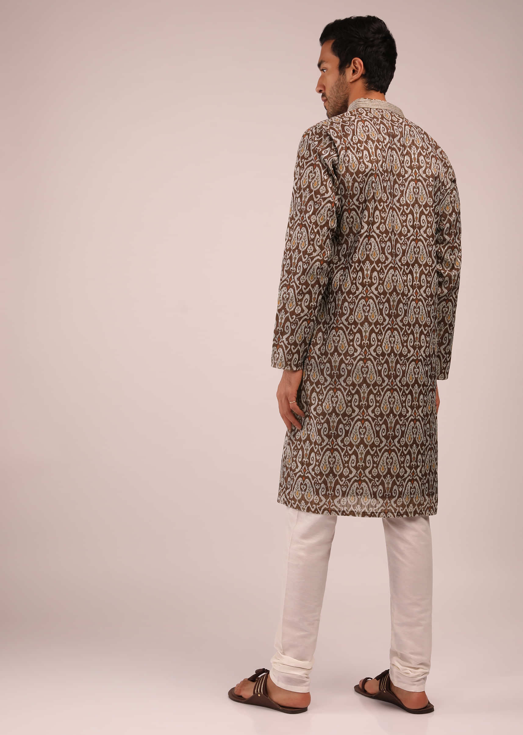 Brown Kurta Set In Silk With Resist Dyed Jaal Print And Sequin Accents
