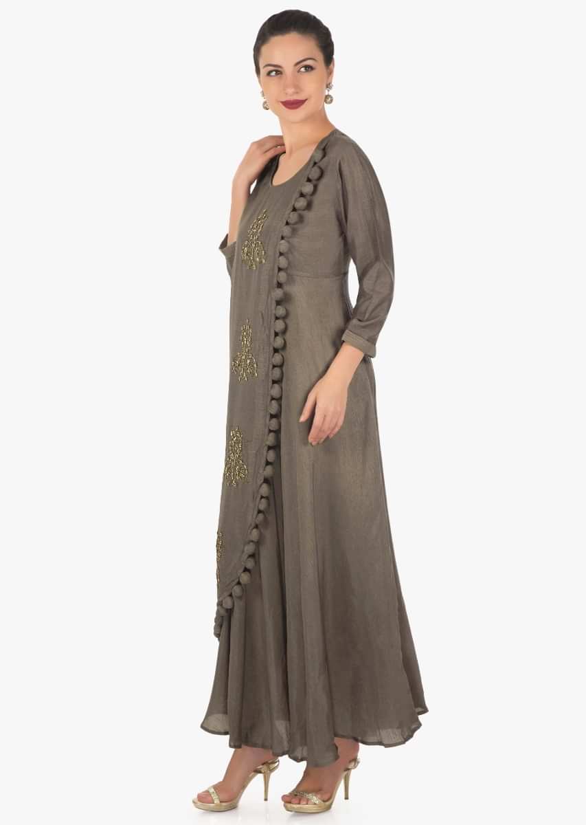 Brown long over lapping kurti in embroidered butti and fancy tassel only on Kalki