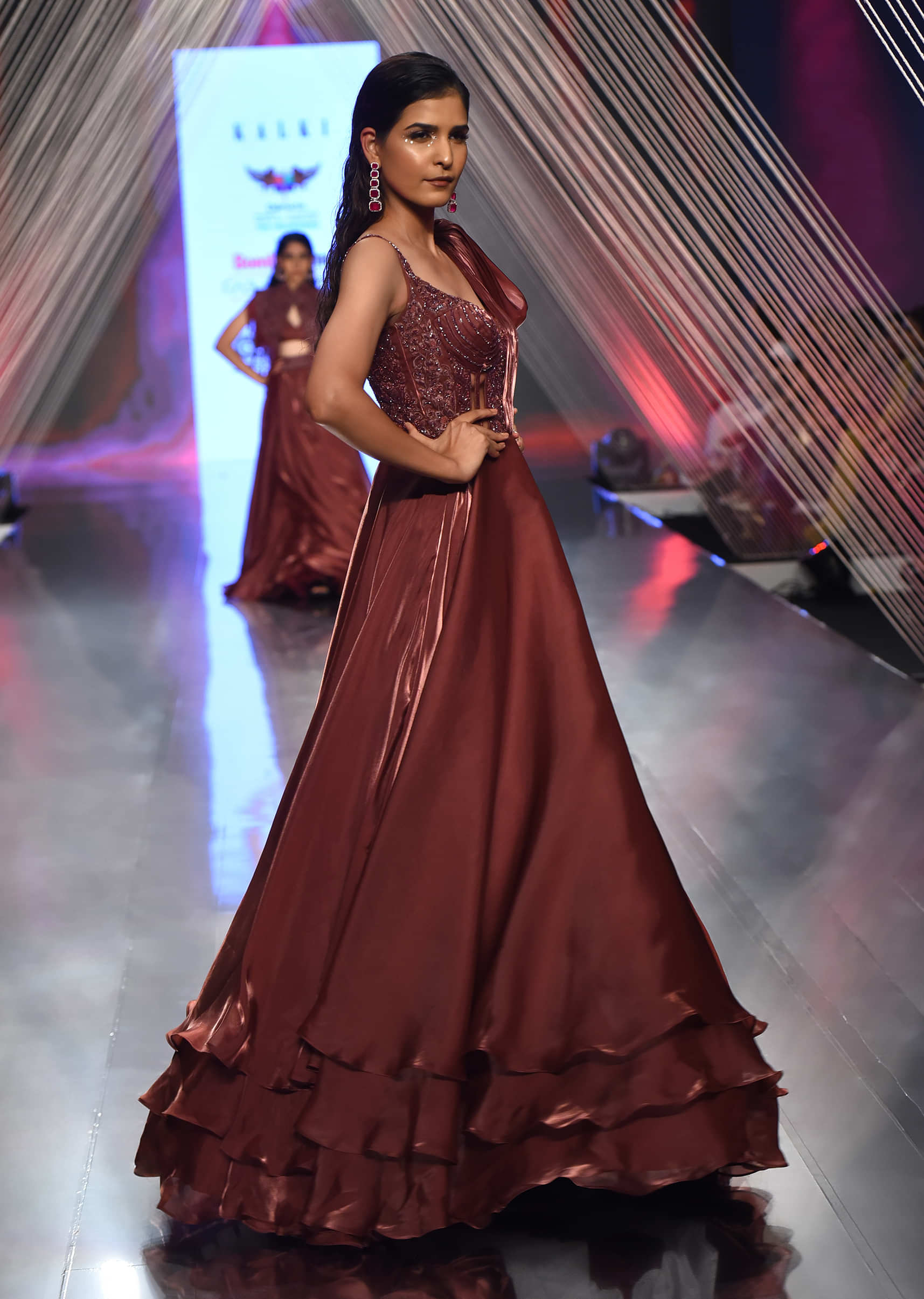 Brown Organza Gown In Sleeveless With Sequins Embroidery