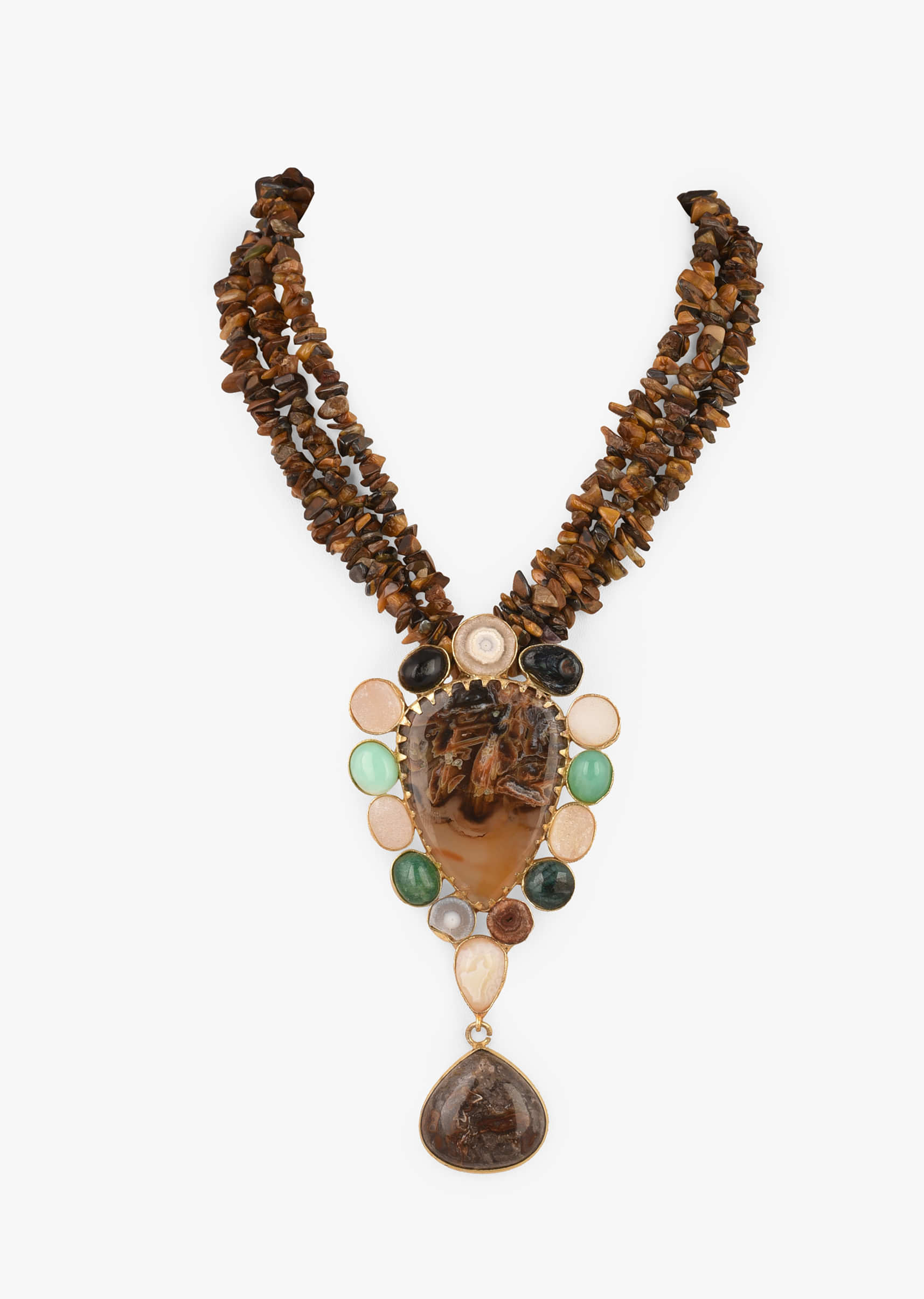 Brown Semi Precious Stone Pendant With Multi Colored Stones On The Edges And Tiny Stone Strings 