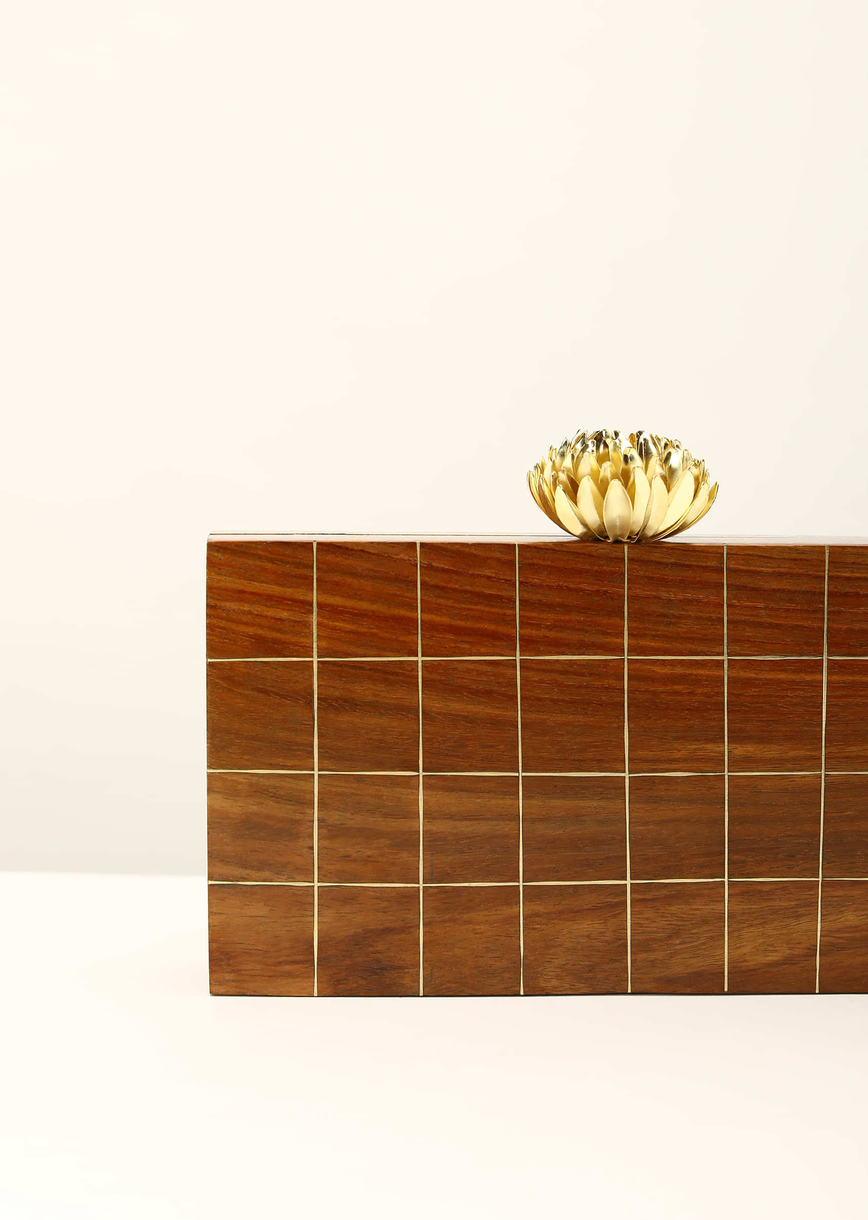 Brown Wood Box Clutch With Golden Flower Clasp And Metal Accented Checks
