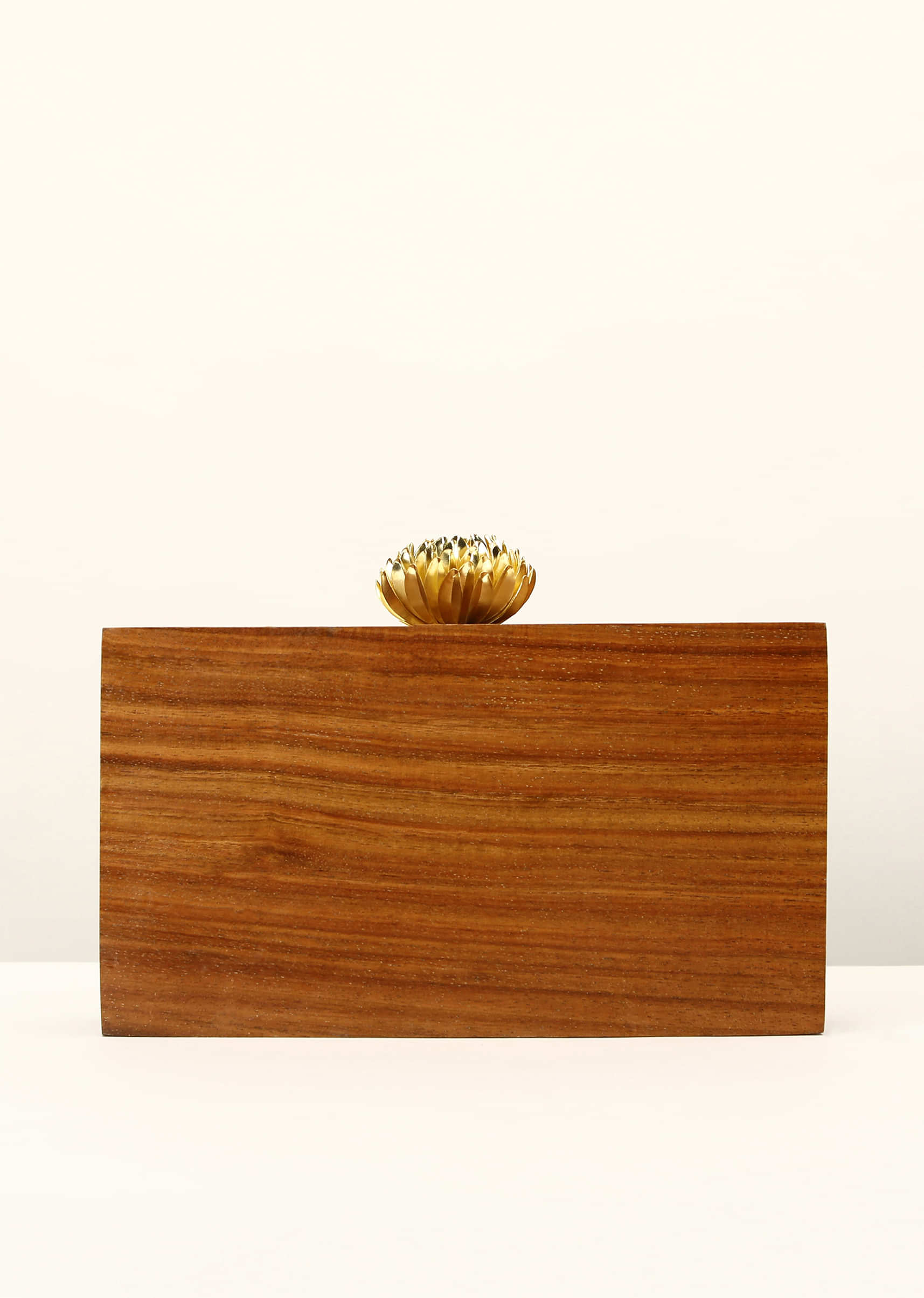 Brown Wood Box Clutch With Golden Flower Clasp And Metal Accented Checks