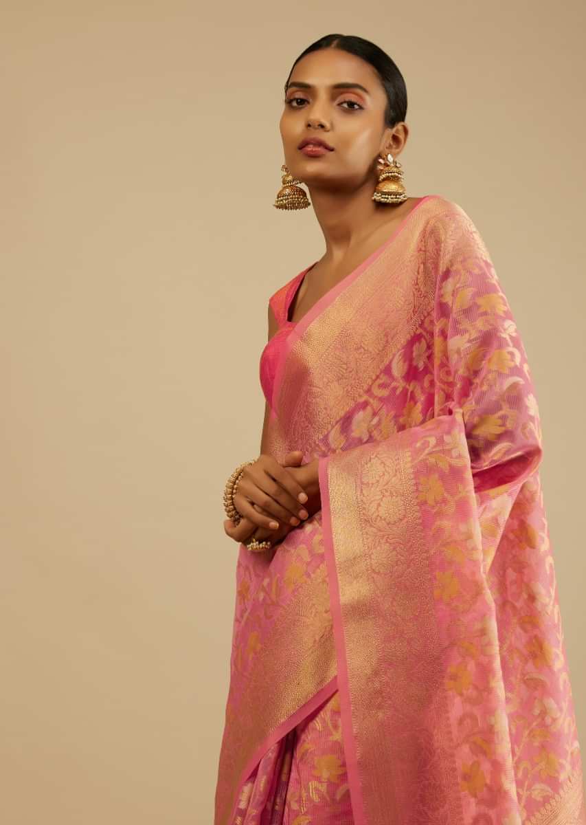 Bubblegum Pink Saree In Organza Silk With Woven Floral Jaal In Shades Of Yellow And Gold Along With Unstitched Blouse  