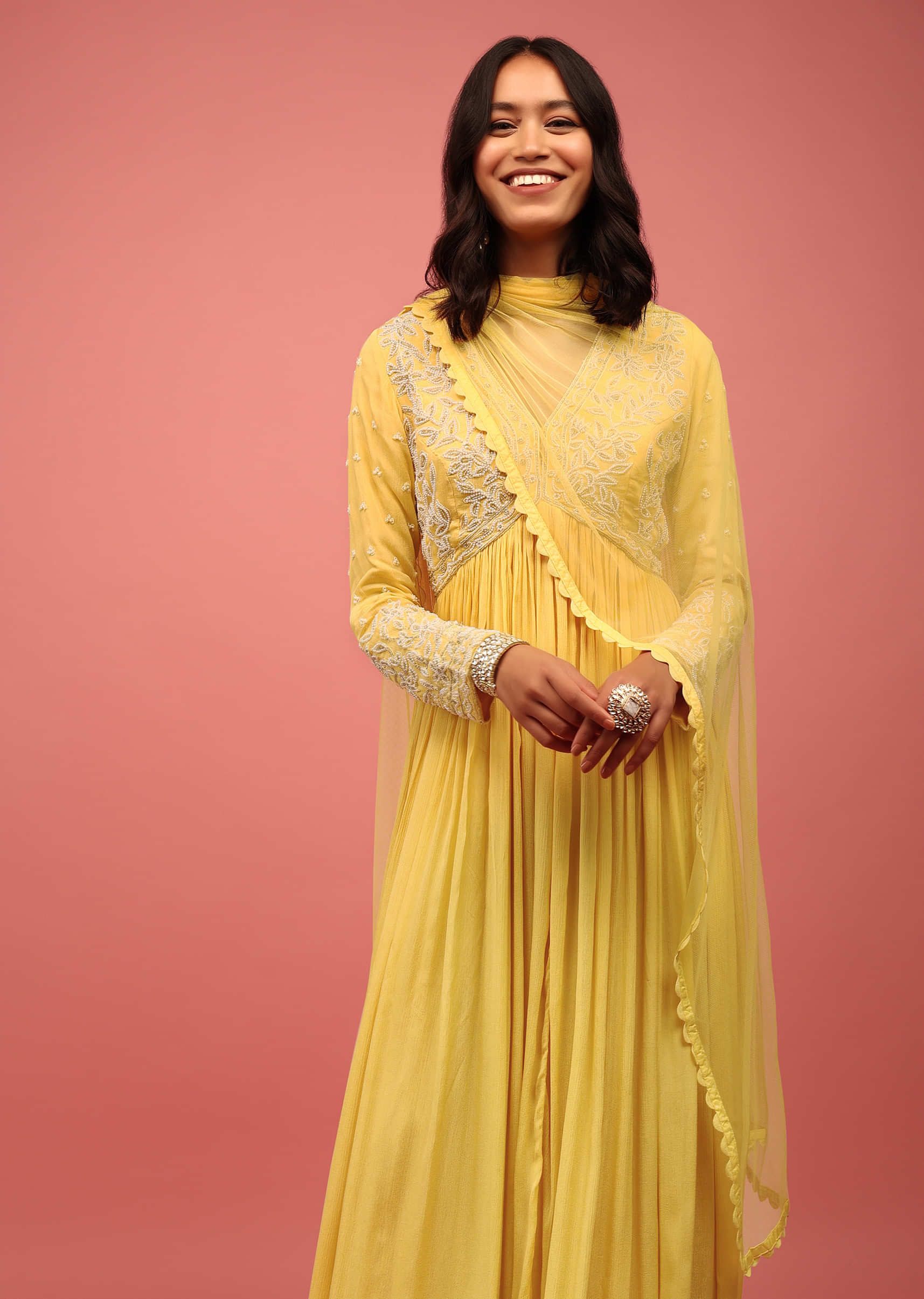 Daffodil Yellow Embroidered Anarkali Suit In Chiffon