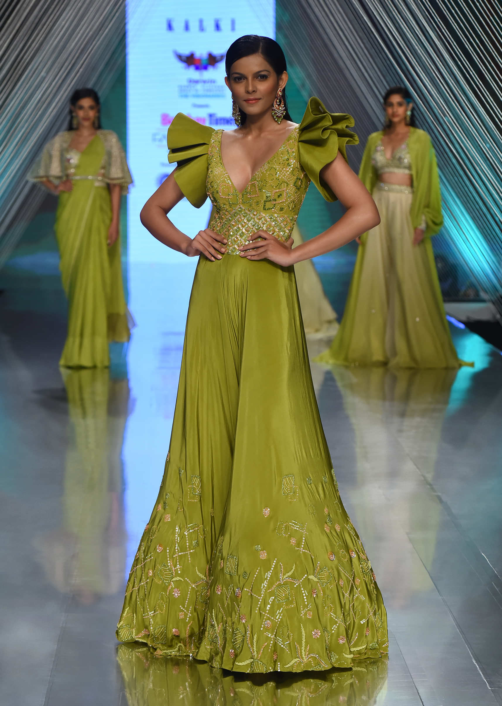 Citrus Green Jumpsuit In Ruffled Sleeves, Crafted In Crepe With A V Neckline