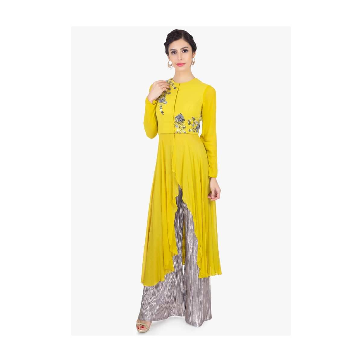 Bumblebee yellow long jacket with front slit paired with lycra palazzo only on Kalki