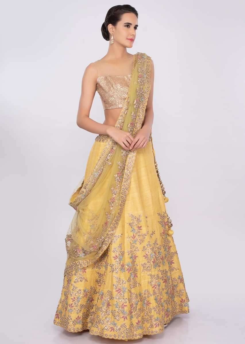 Bumblebee yellow raw silk lehenga set in floral jaal embroidery only on kalki