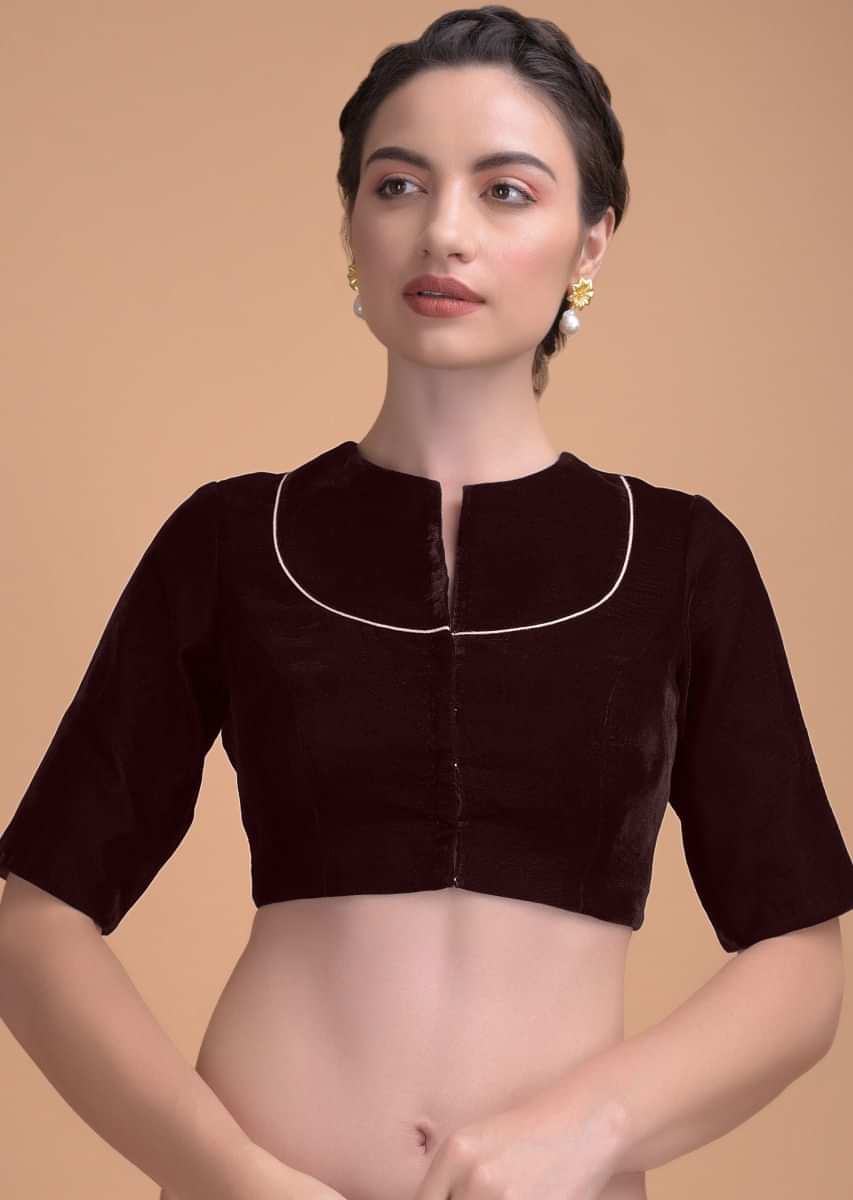 Burgandy Blouse In Velvet With A Zari Lace Defining The Neckline