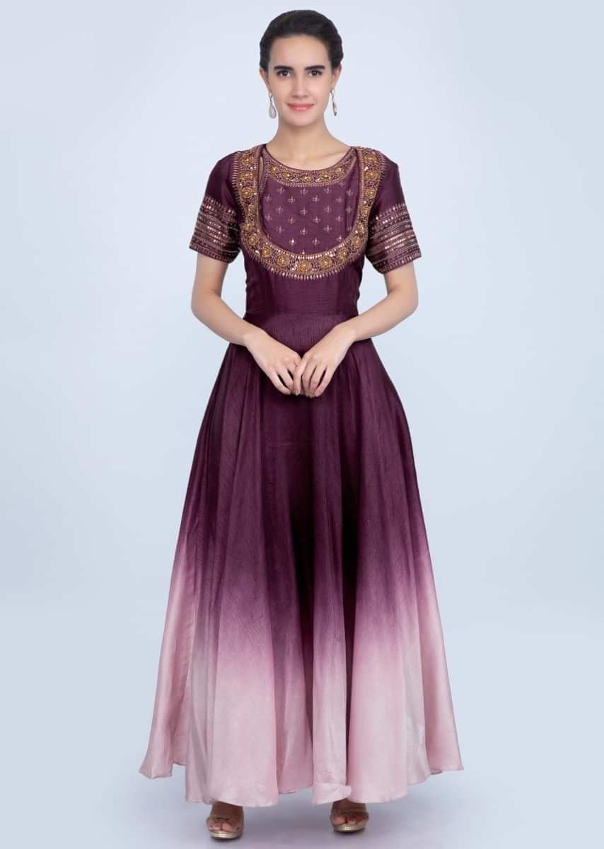 Burgundy And Powder Pink Suit In Shaded Silk With Embroidery And Butti Online - Kalki Fashion