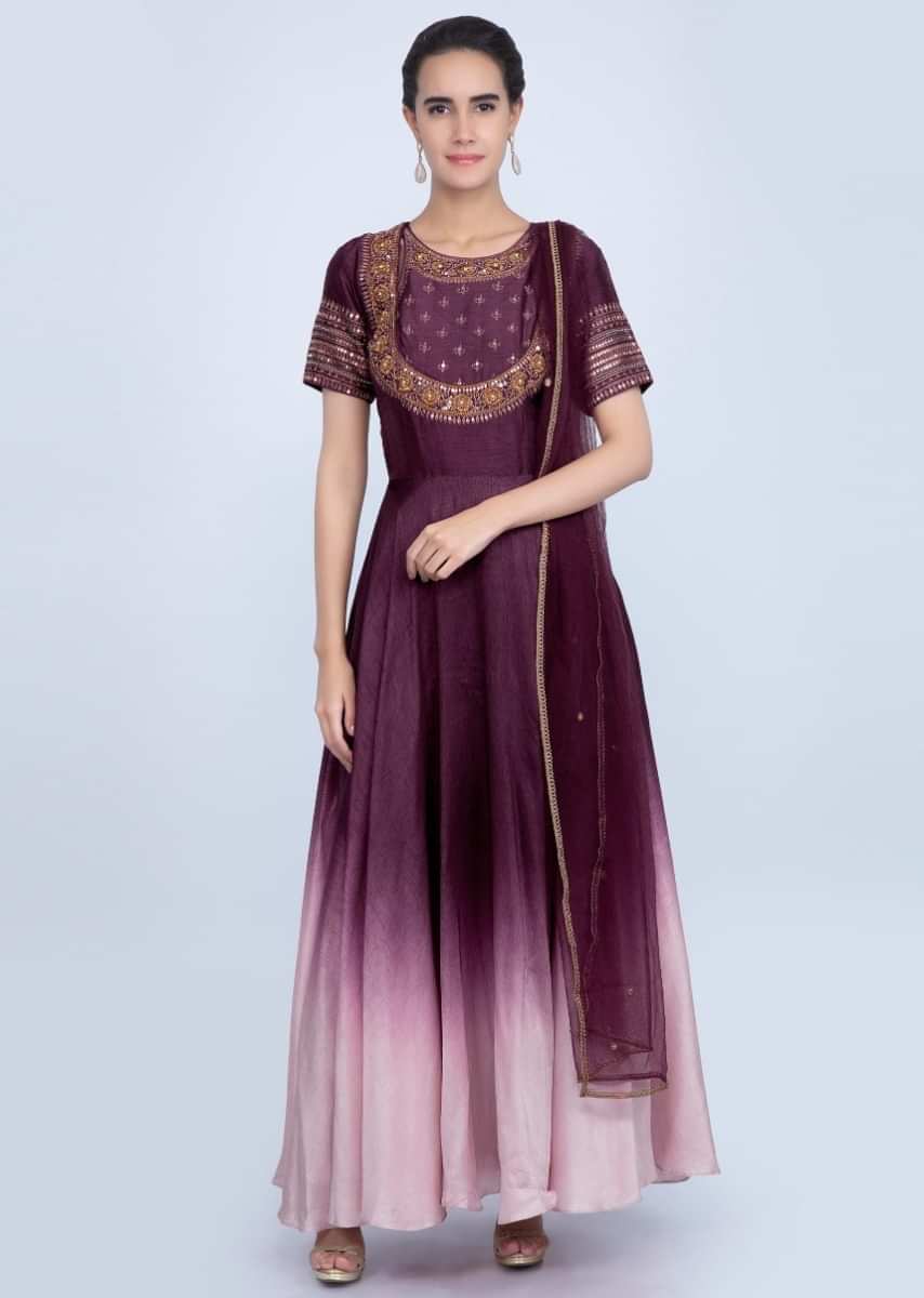 Burgundy And Powder Pink Suit In Shaded Silk With Embroidery And Butti Online - Kalki Fashion