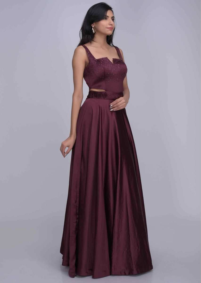 Burgundy colored ethnic gown in satin fabric only on Kalki