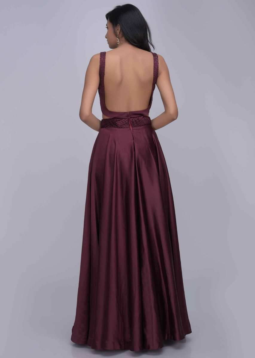 Burgundy colored ethnic gown in satin fabric only on Kalki