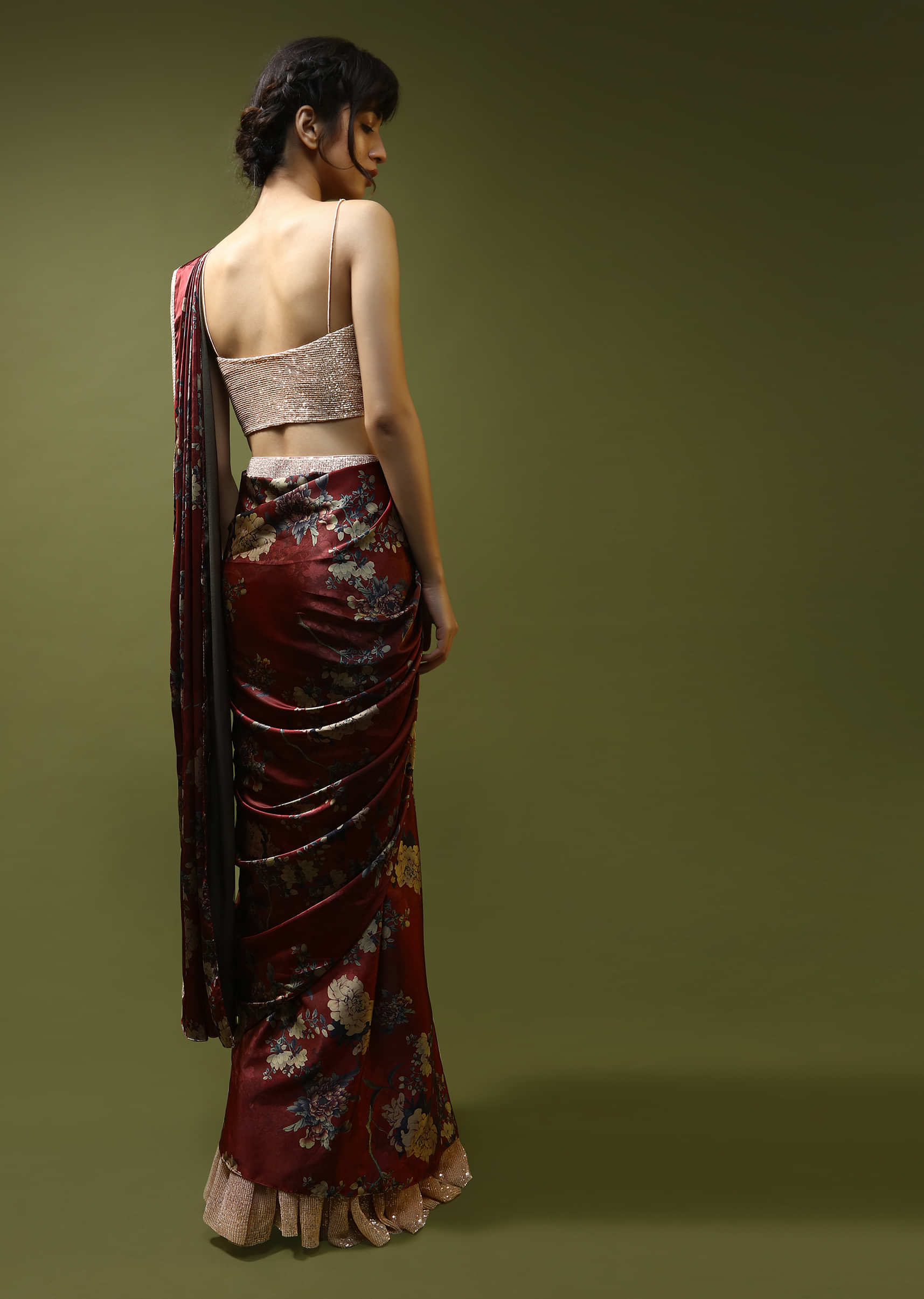 Burgundy Ready Pleated Saree In Satin With Floral Print And Peach Sequin Embellished Frill On The Hemline And Blouse