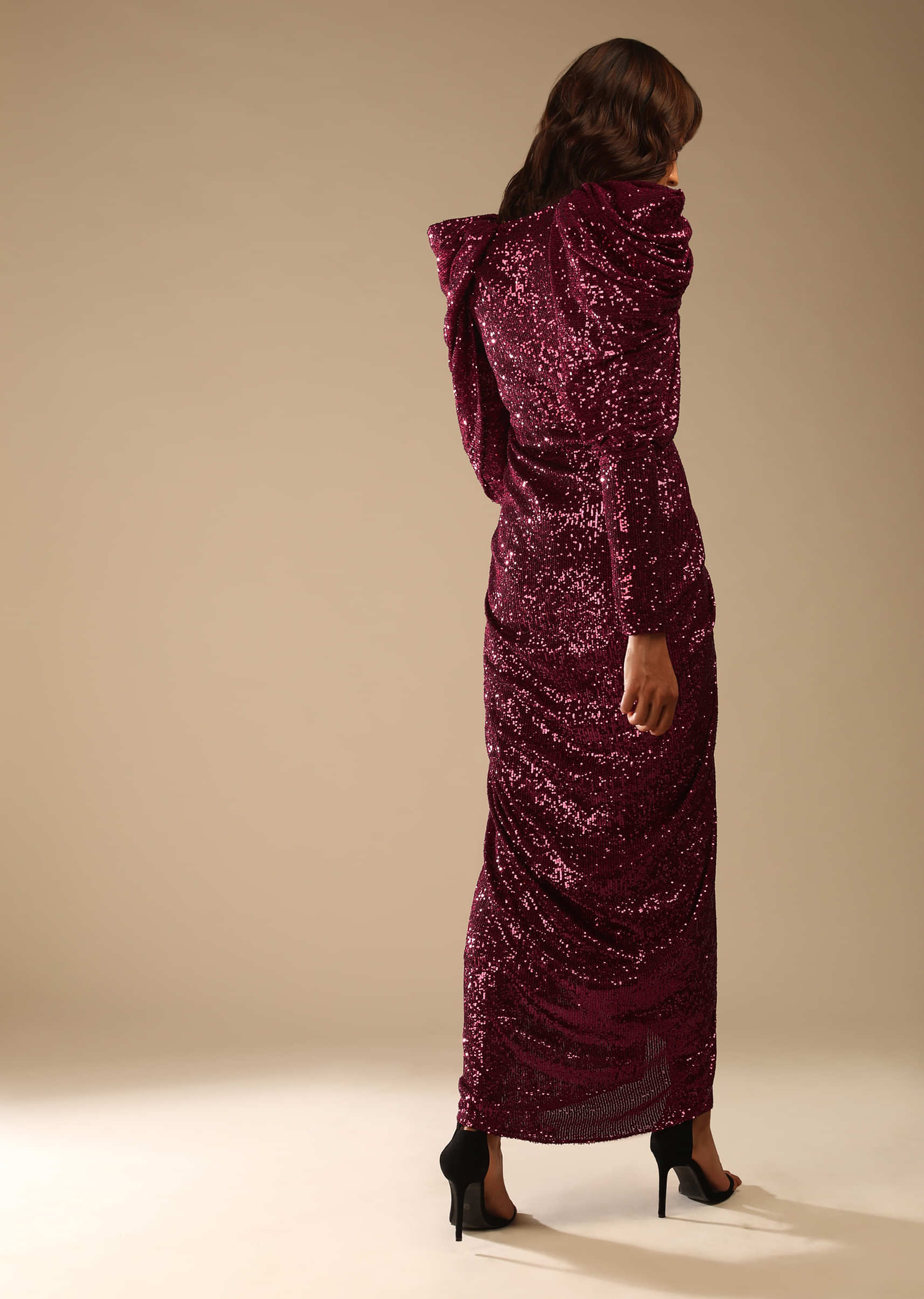 Burgundy Red Gown Embellished In Sequins With Elaborate Puffed Shoulders And Plunging Neckline Online - Kalki Fashion