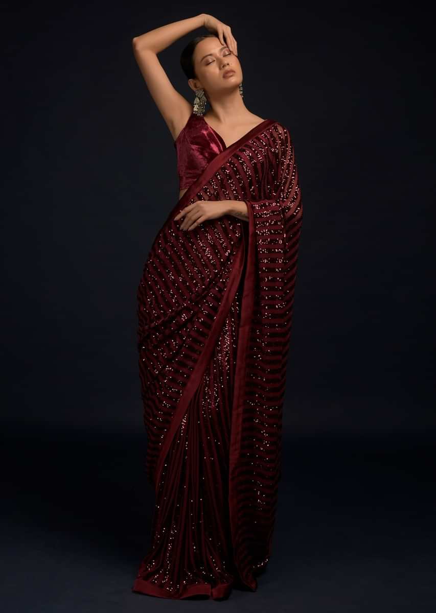 Burgundy Red Ready Pleated Saree In Net With Sequin Embellished Stripes And Matching Velvet Crop Top