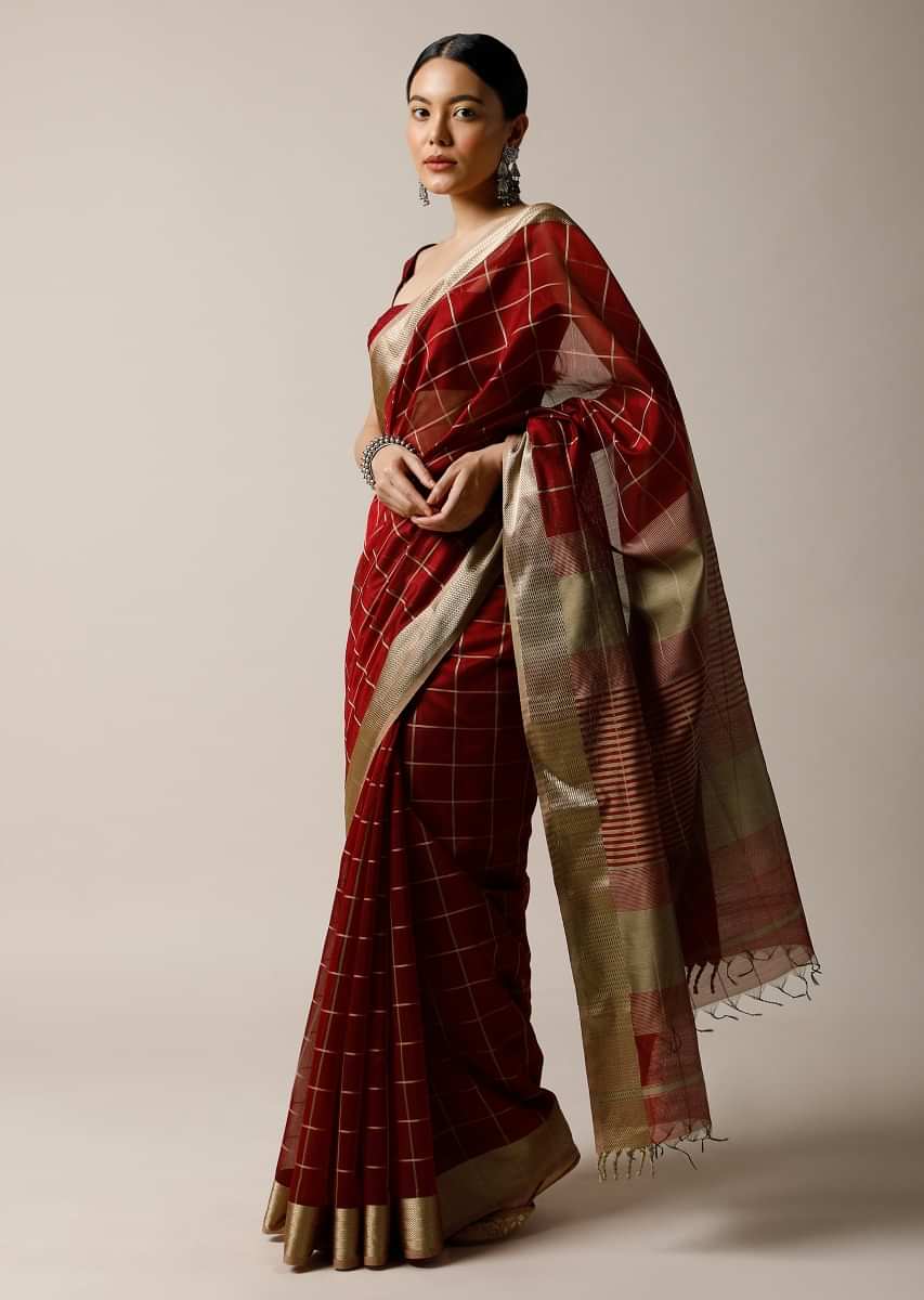 Burgundy Red Saree In Cotton Silk With Woven Checks And Golden Border Along With Unstitched Blouse