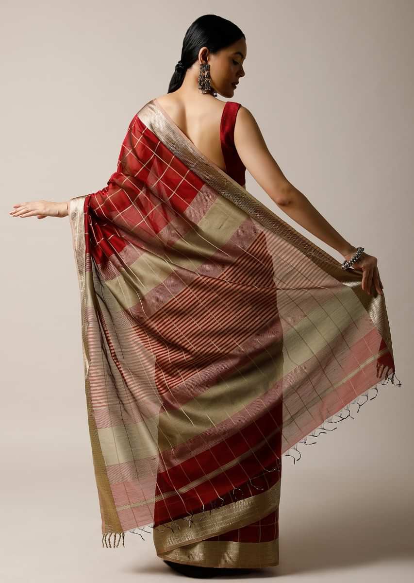 Burgundy Red Saree In Cotton Silk With Woven Checks And Golden Border Along With Unstitched Blouse