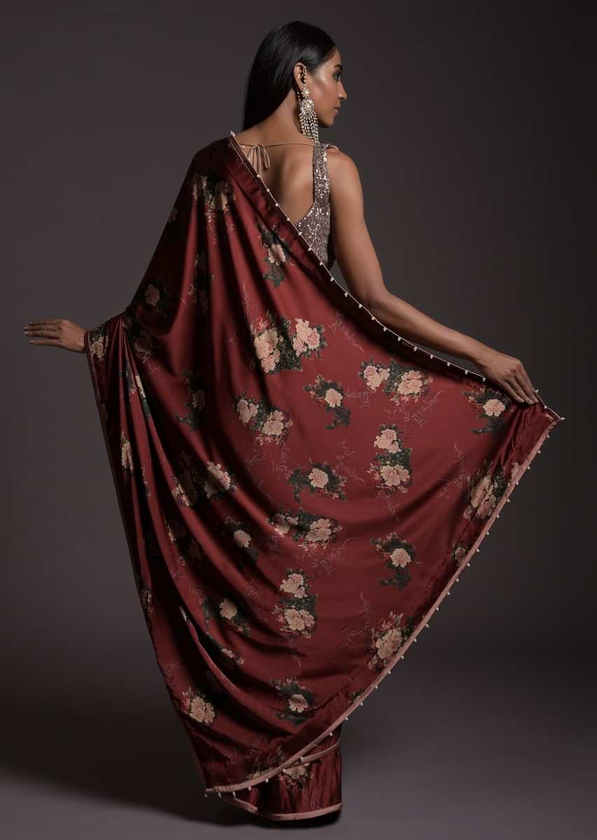 Burgundy Saree In Satin With Floral Print And Sequins Embellished Crop Top