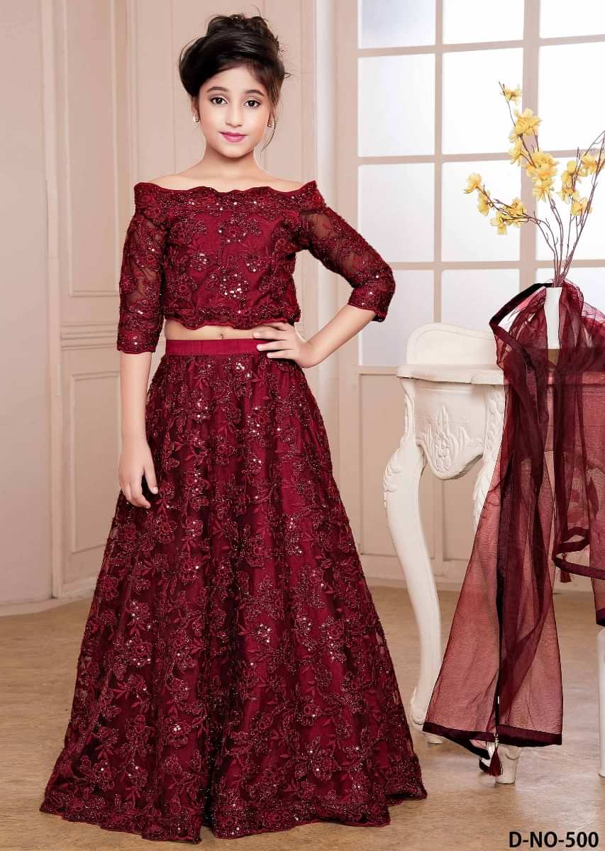 Burgundy Skirt And Off Shoulder Crop Top In Net With Thread And Sequins Work In Jaal Pattern Online - Kalki Fashion