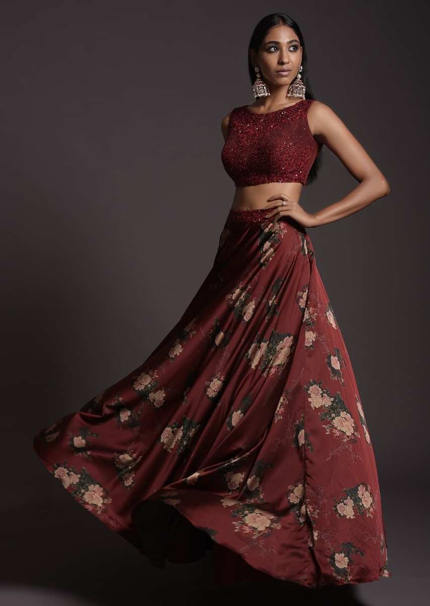 Burgundy Skirt In Satin With Floral Print And Sequins Embellished Crop Top With Illusion Neckline 