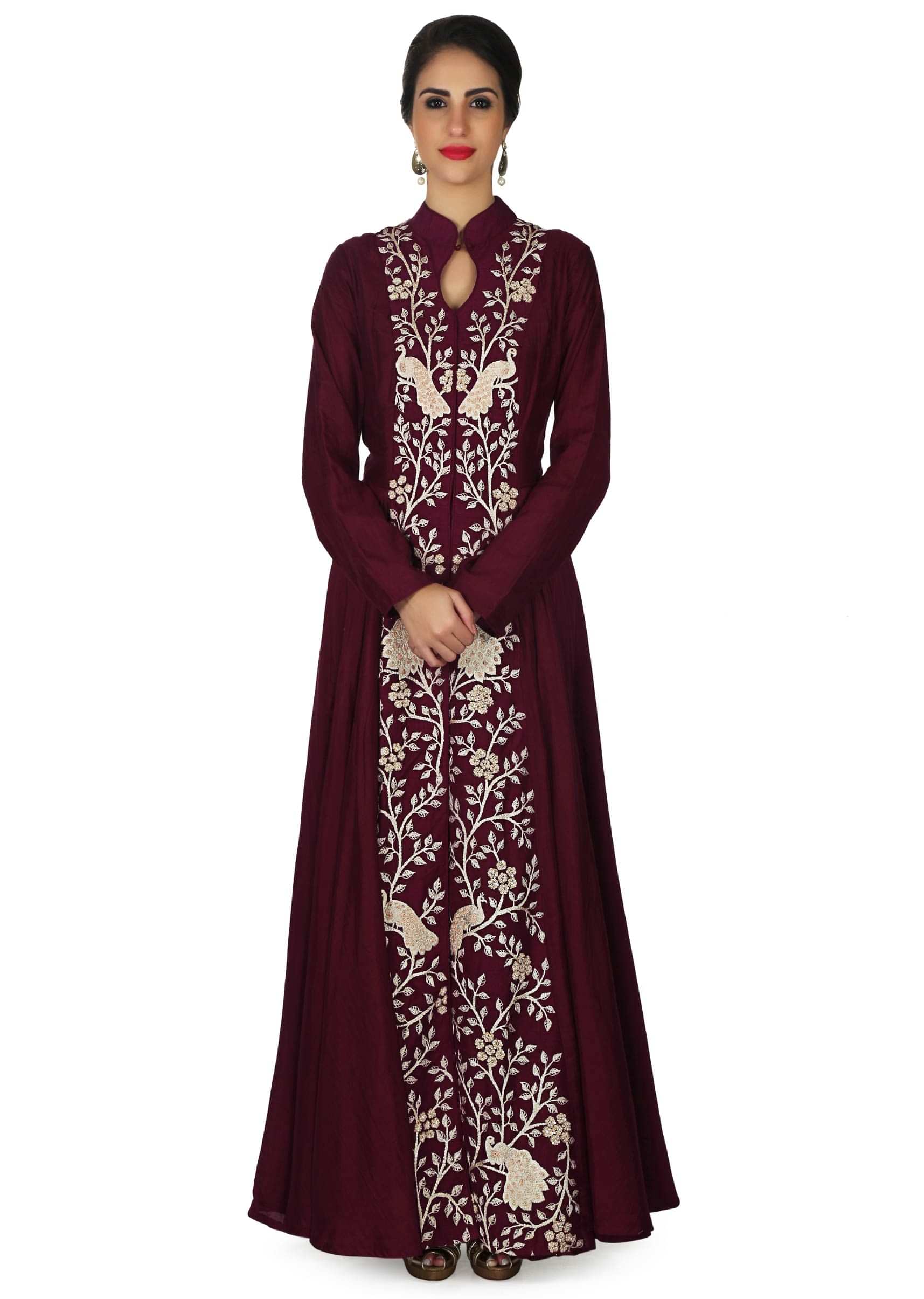 Burgundy anarkali dress embellished in thread work in peacock motif only on Kalki