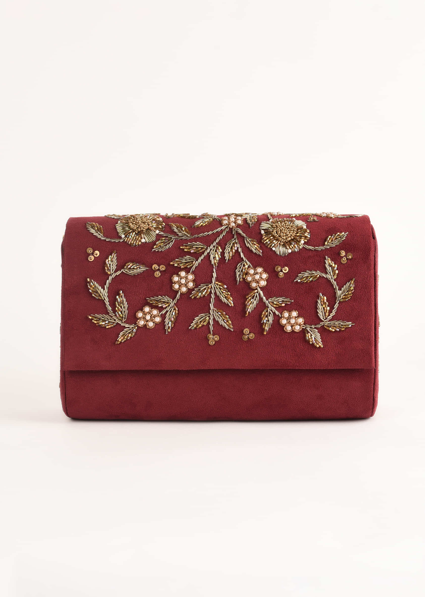 Burgundy Clutch In Suede With Zardosi Embroidered Floral Motifs Online - Kalki Fashion