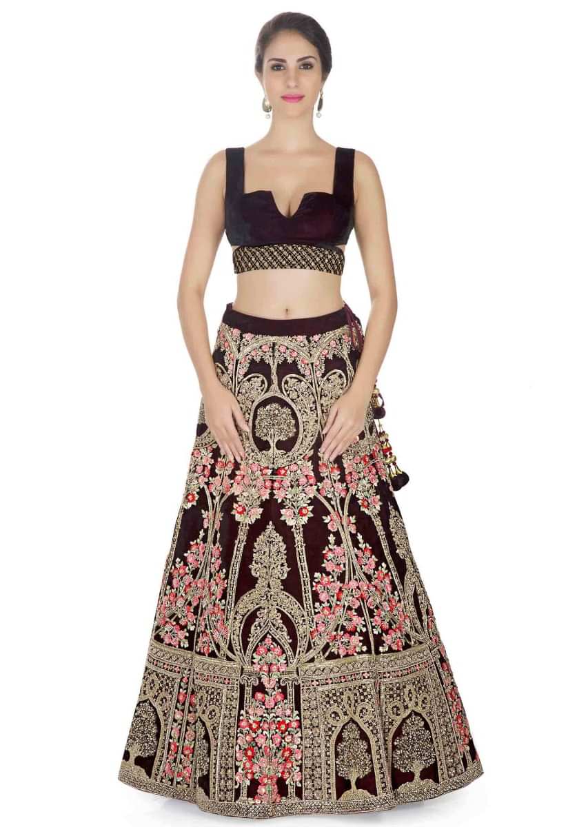 Burgundy Lehenga In Floral Motifs And Embroidery In Checks Pattern Online - Kalki Fashion