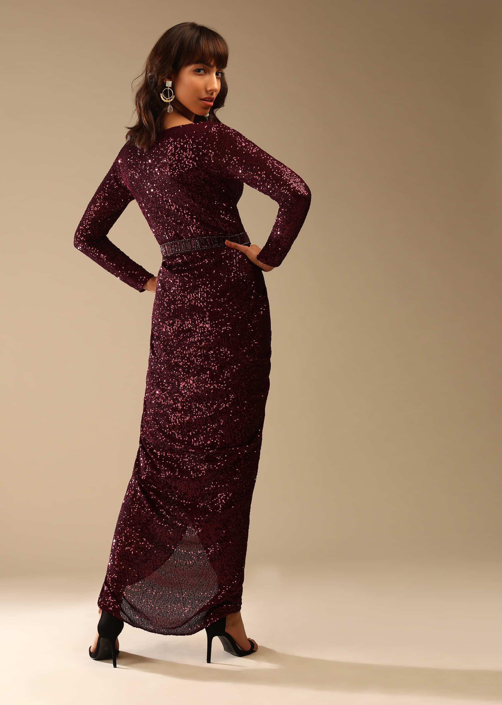 Burgundy Gown Embellished In Sequins With Fancy Drape Silhouette And Plunging V Neckline