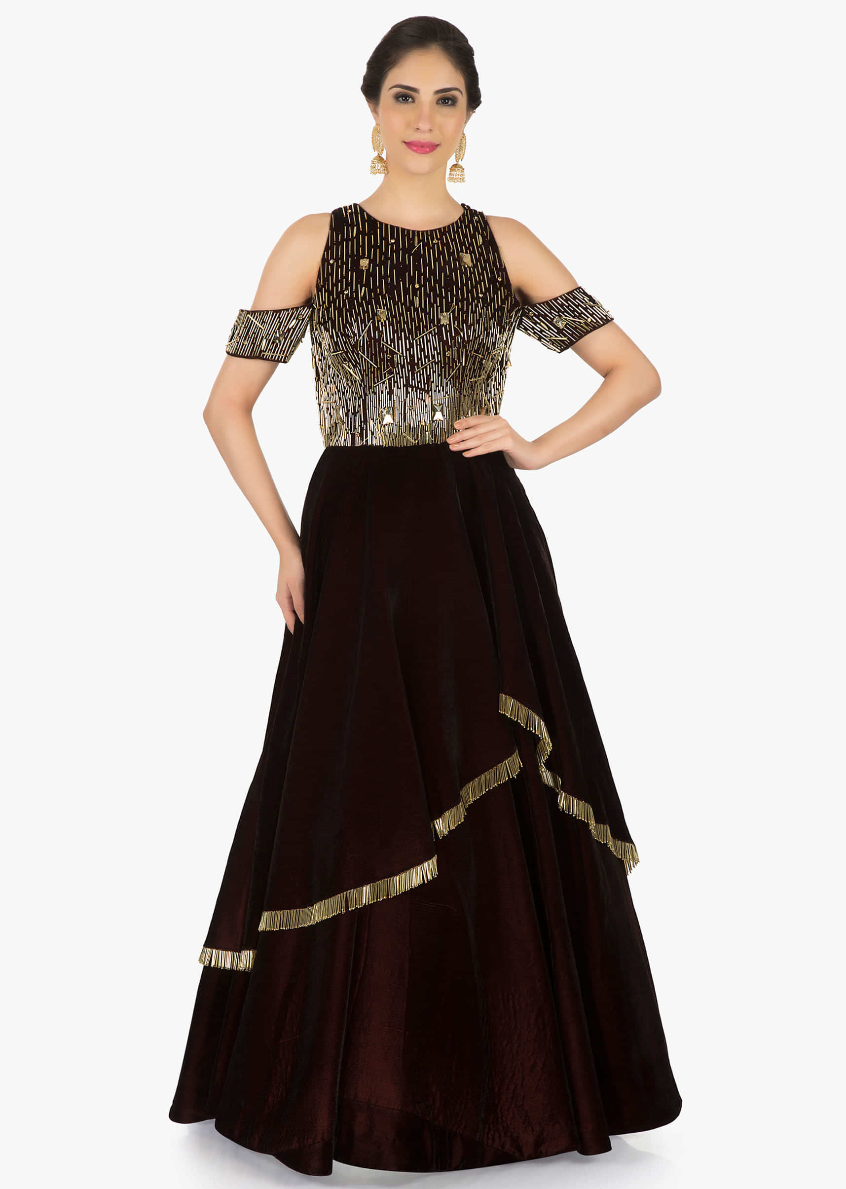 Burgundy gown in velvet featuring the tassel lace only on Kalki