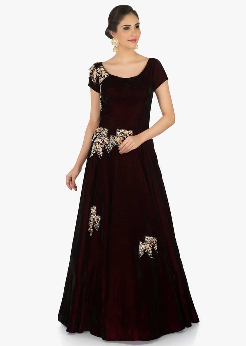 Burgundy Gown In Velvet Showcasing The Resham Zari Embroidery Work Online - Kalki Fashion