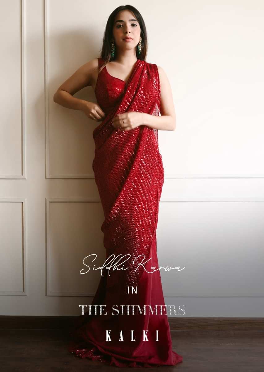 Burgundy Red Ready Pleated Saree In Crepe With Sequins Embellished Pallu, Frill On The Hemline And Ready Blouse