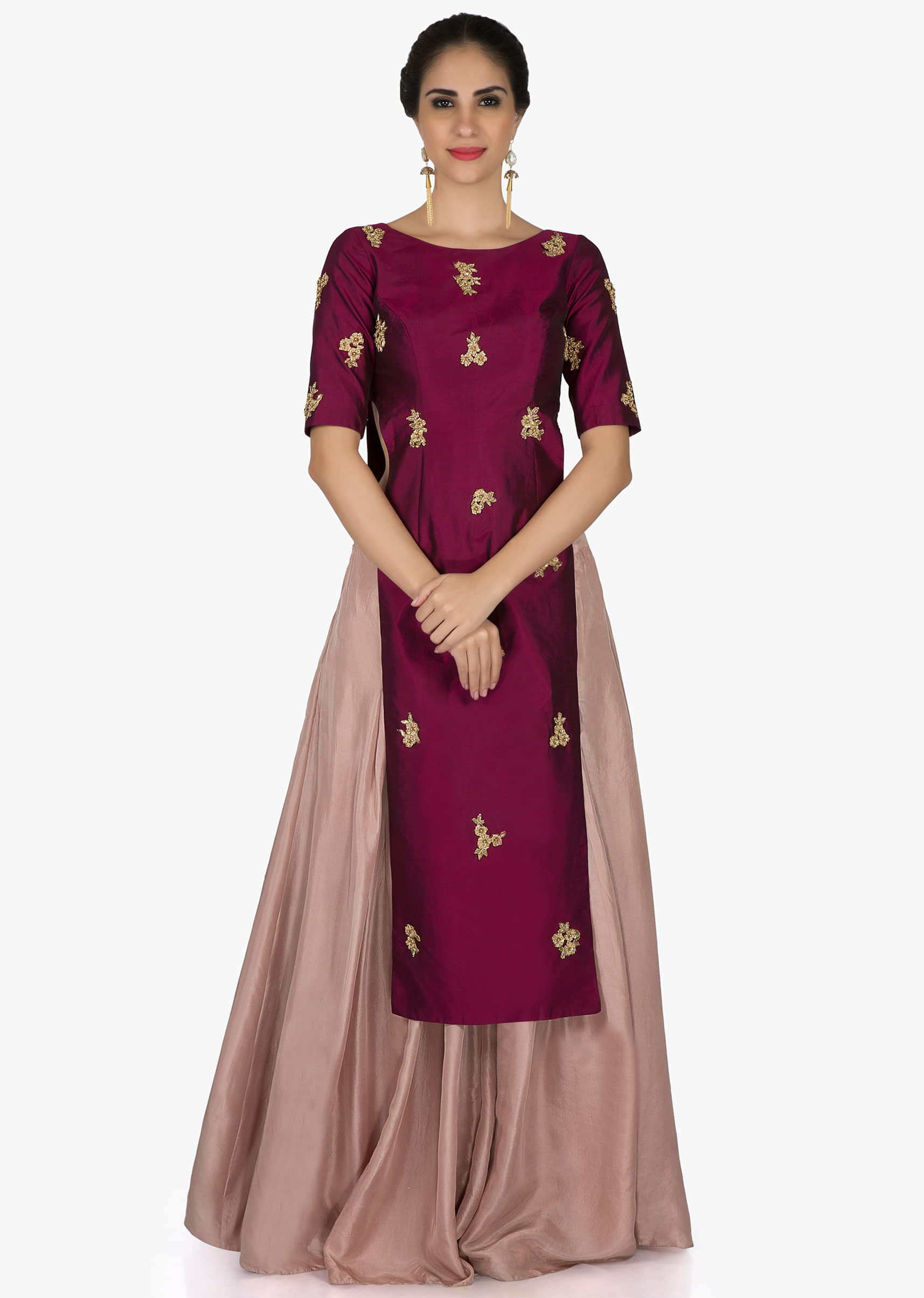 Burgundy straight top in french knot embroidered butti with peach palazzo only on Kalki