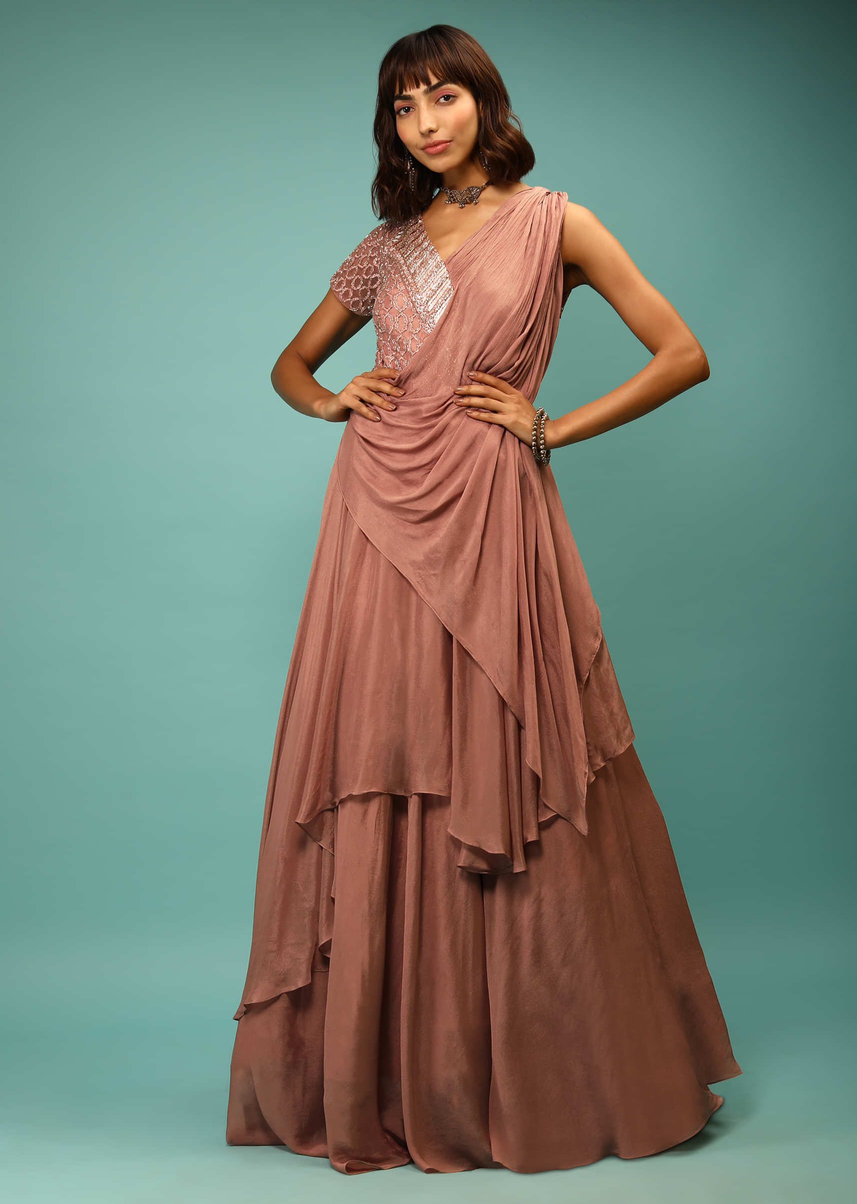 Burlwood Brown Layered Gown With Fancy Drape And Cut Dana Embroidery  