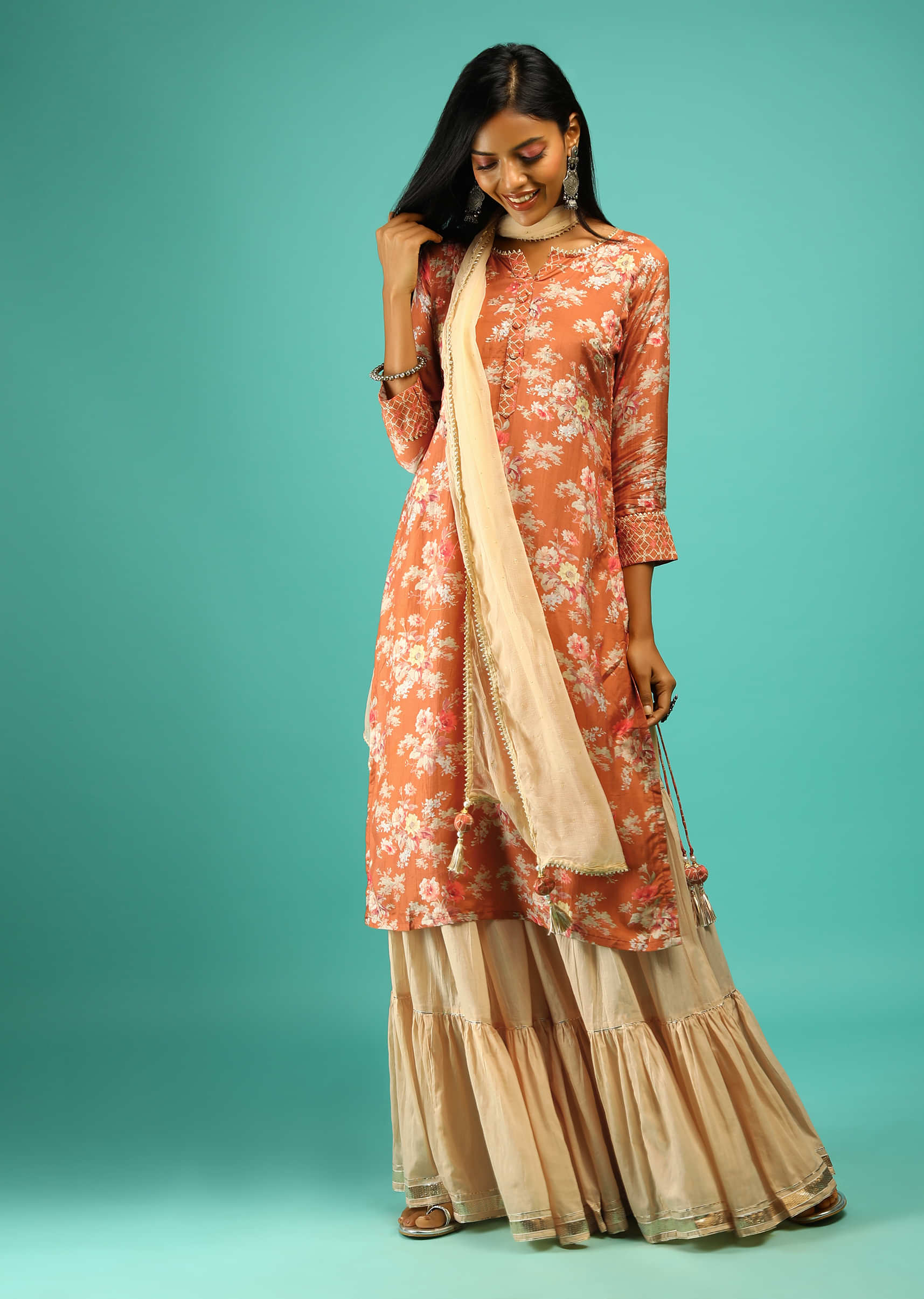 Burnt Orange Sharara Suit In Cotton With Floral Print And Three Quarter Sleeves